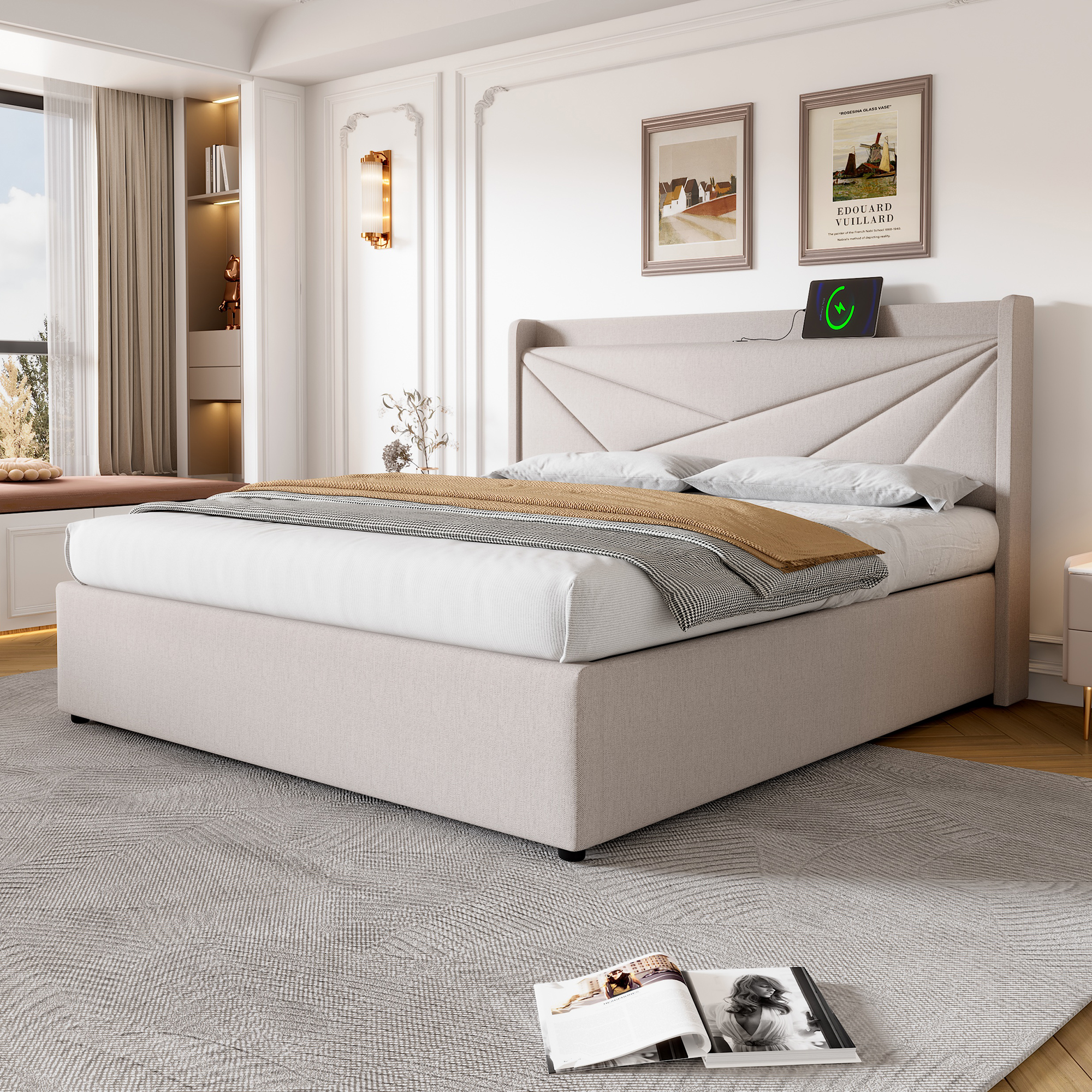 Lit rembourré double 180 x 200 cm, tête USB Type-C, coffre, lin beige, 208 x 186 x 107 cm