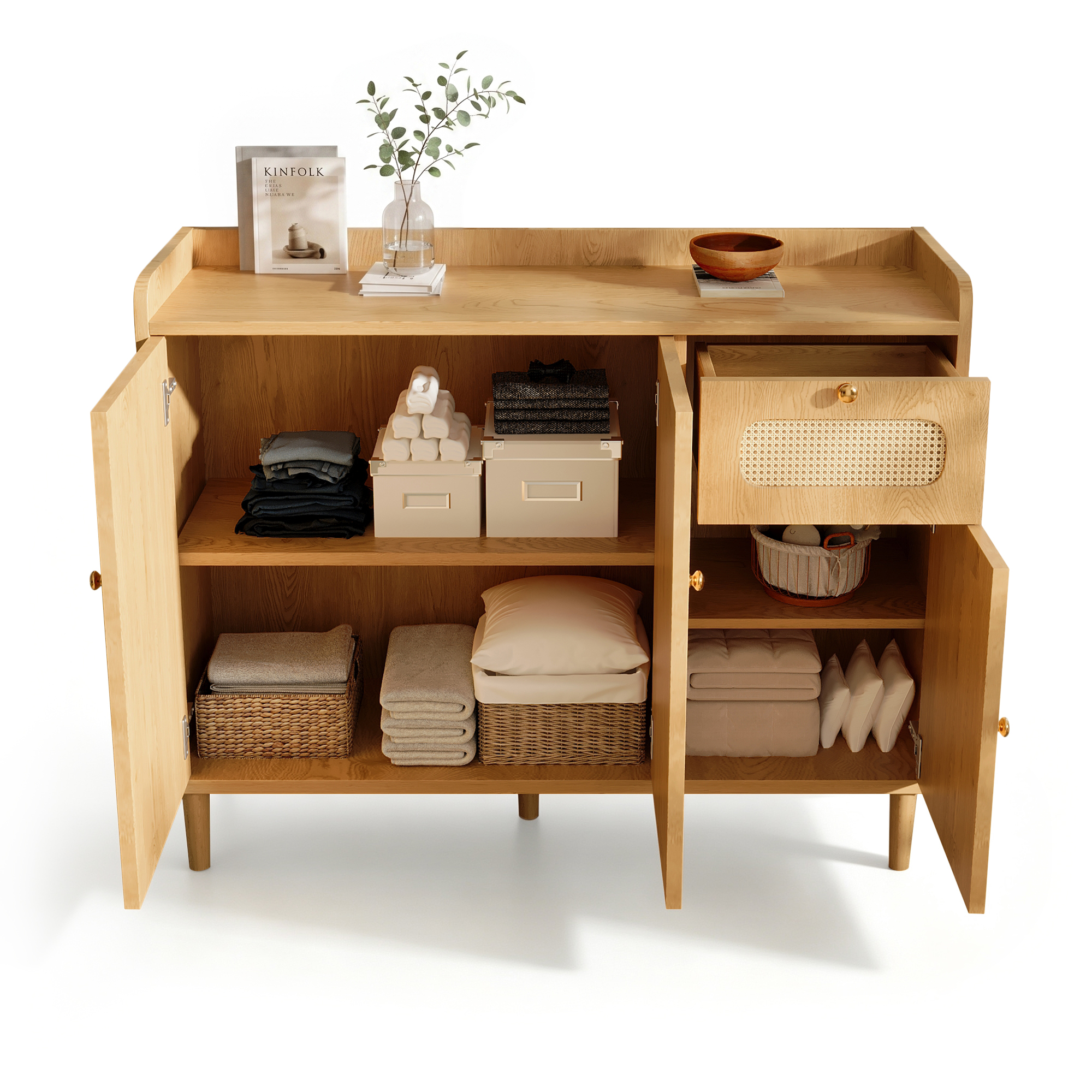 Buffet bas 120 cm, meuble de rangement avec 3 portes, 1 tiroir, étagères réglables, façades en cannage, MDF, Effet chêne