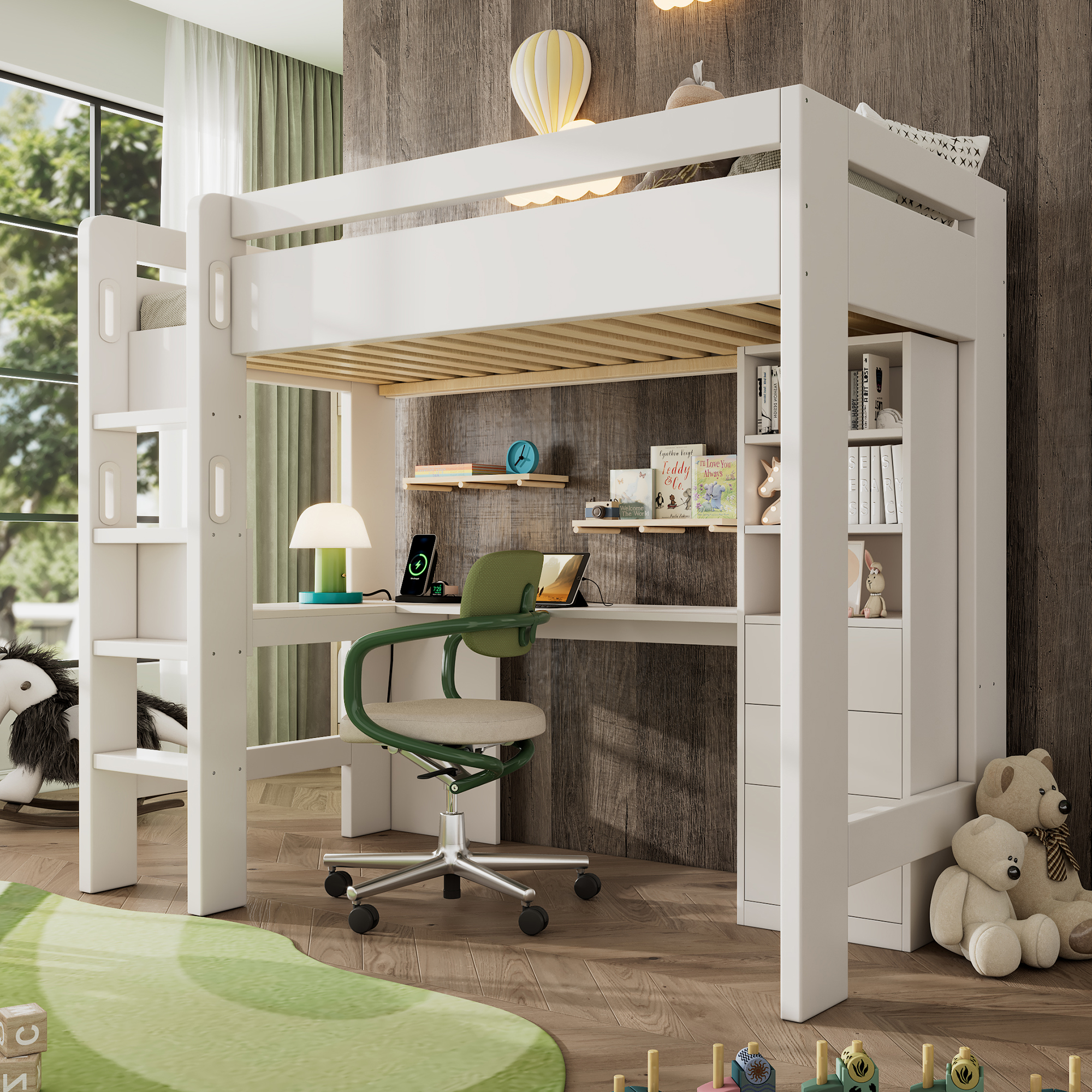 Kinderbett Hochbett mit L-förmigem Schreibtisch, R