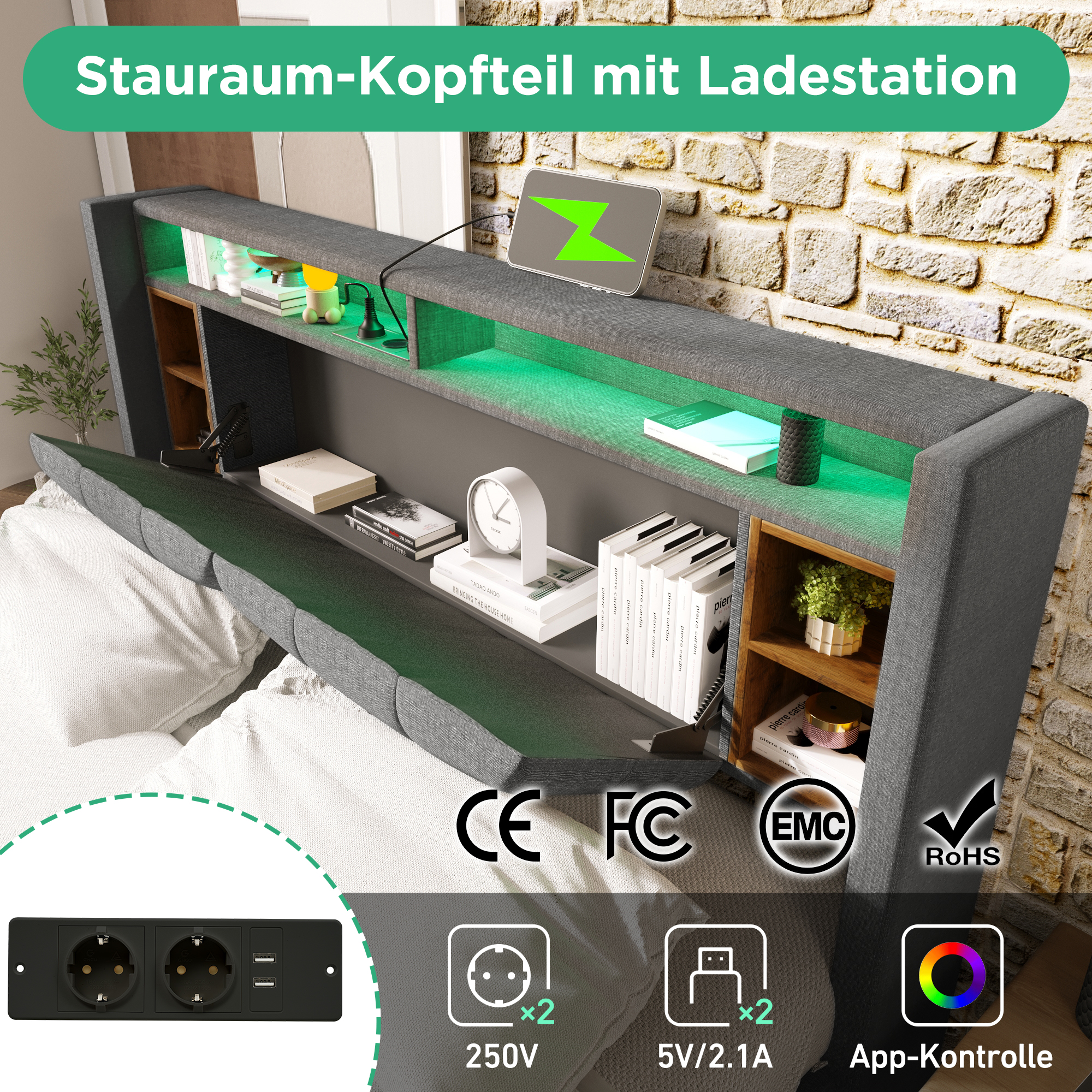(=067980AAG)Polsterbett Doppelbett Stauraum-Kopfte
