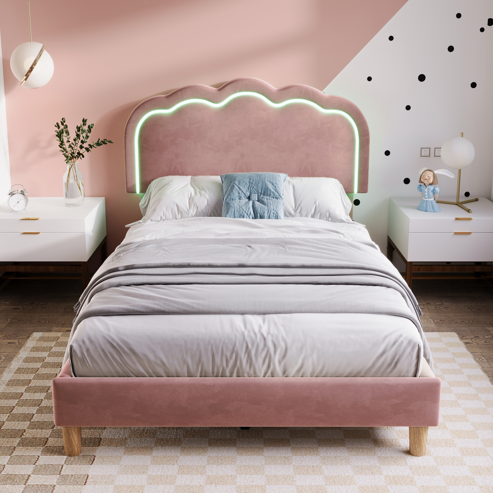 Lit rembourré simple 90 x 190 cm, tête réglable LED, velours rose, 197 x 101 x 109 cm
