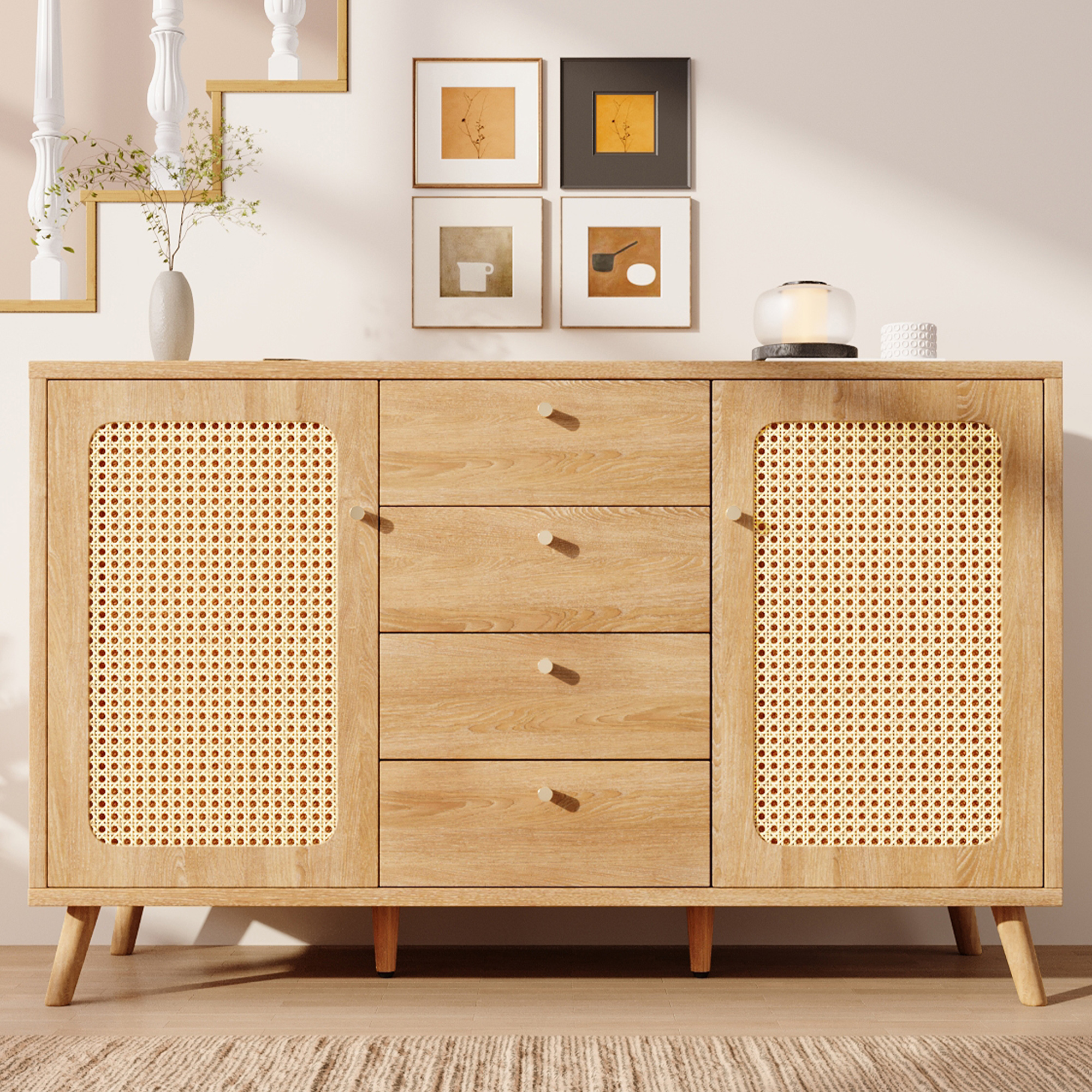 Buffet bas 140 cm, meuble de rangement avec 2 portes, 4 tiroirs, étagères réglables, façades effet cannage, panneaux de particules et MDF, Effet chêne