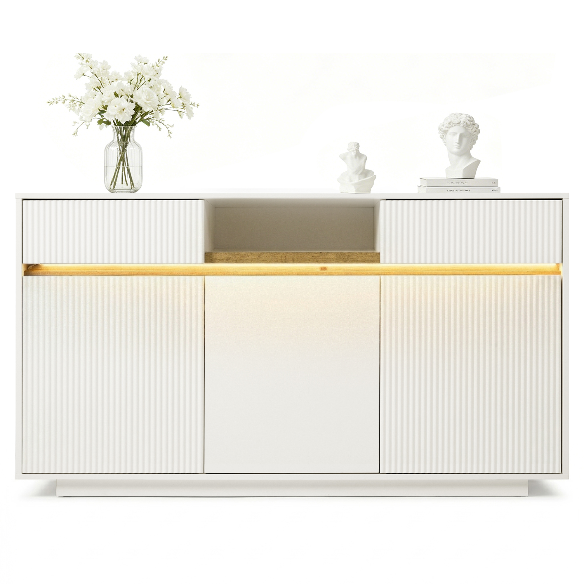 Commode, éclairage LED, avec tiroirs, 140 x 40 x 85 cm, bois, blanc - vue 2