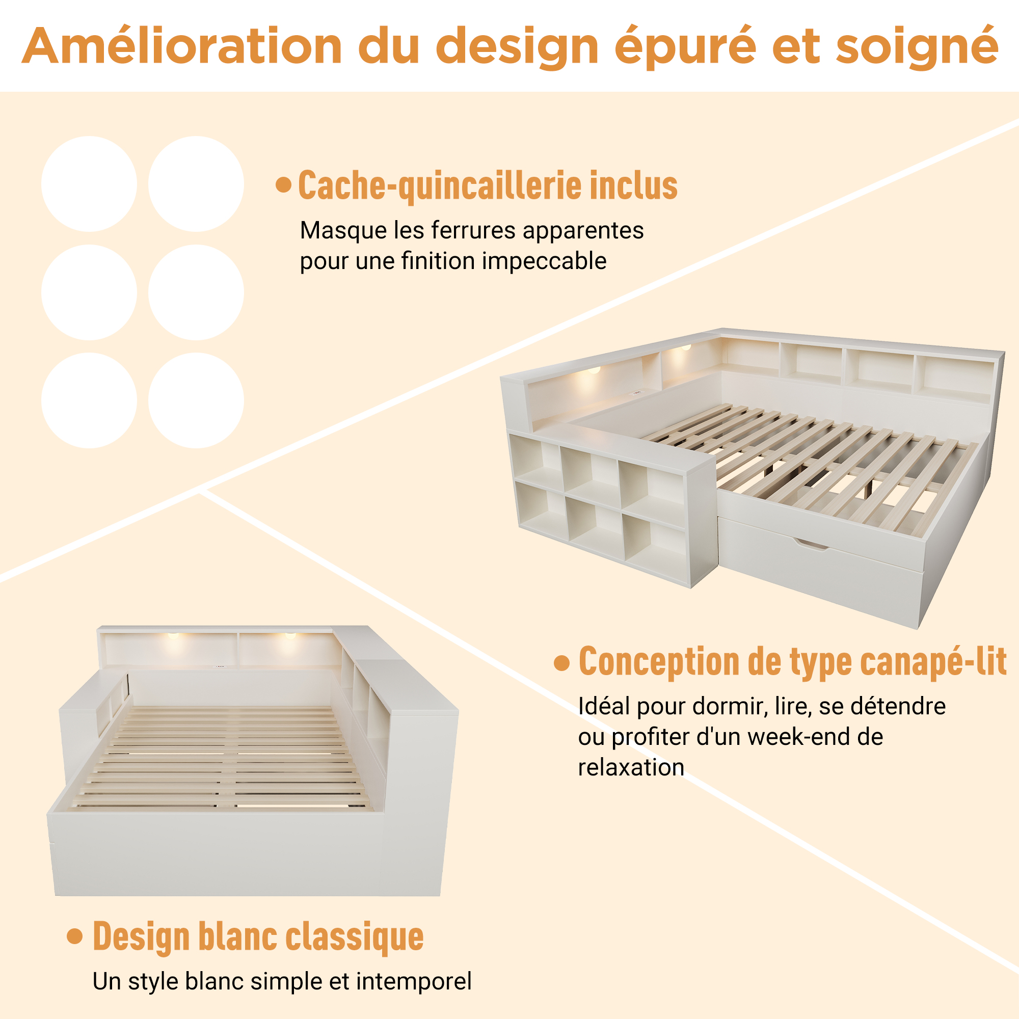 Structure du lit avec sommier à lattes et barre centrale