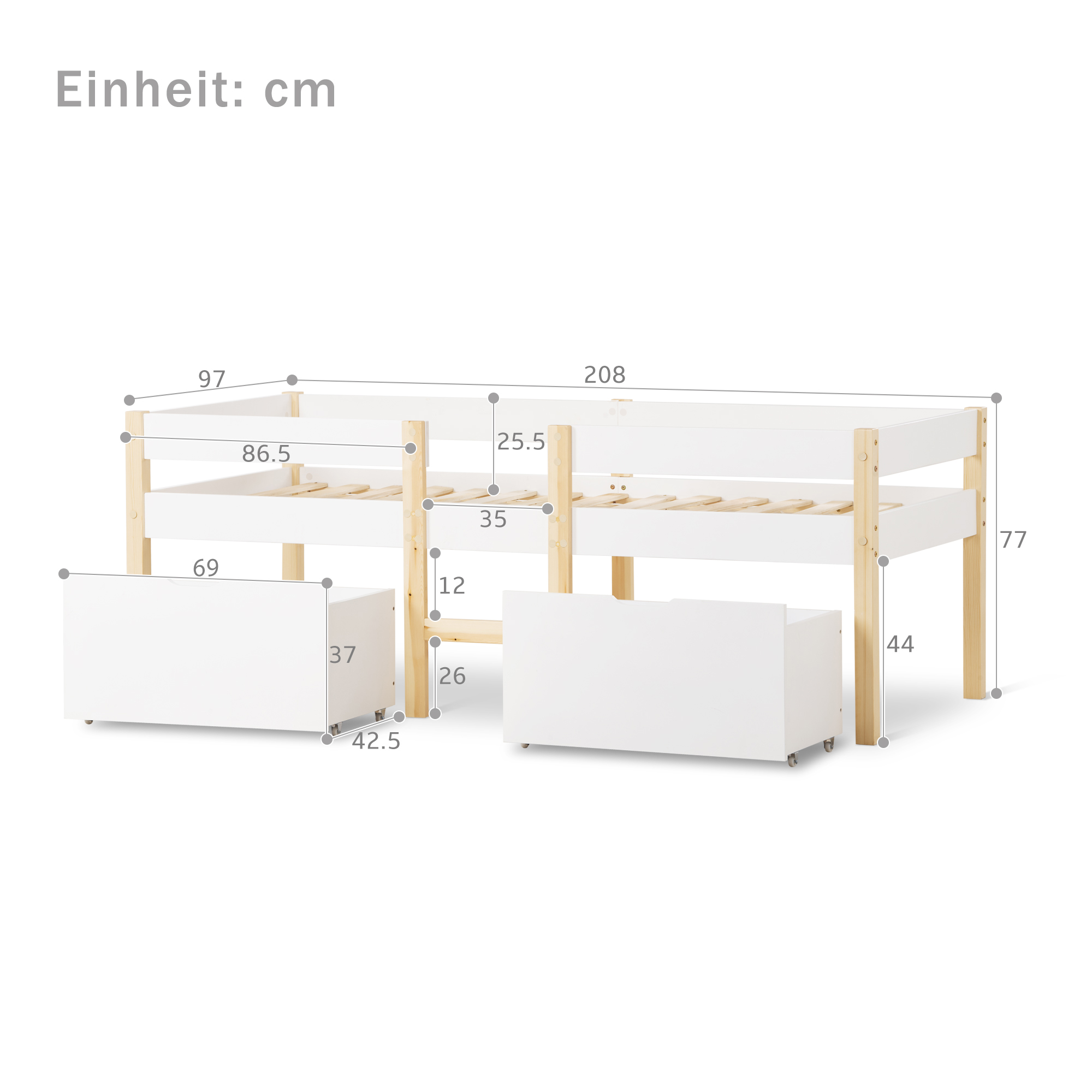 Bett Kinderbett mit Schublade und Rausfallschutz, 