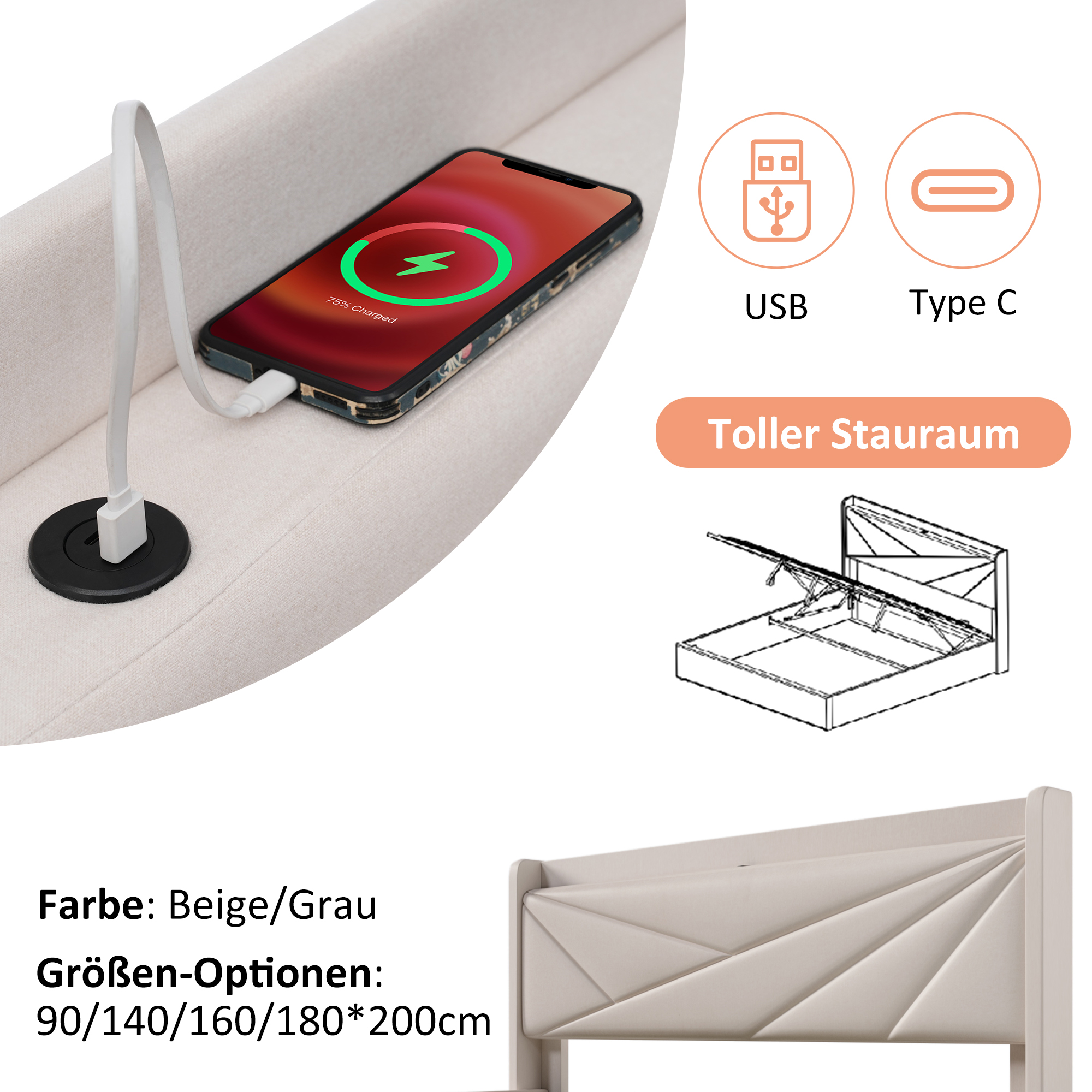 Polsterbett Doppelbett Stauraum Bettkasten mit USB