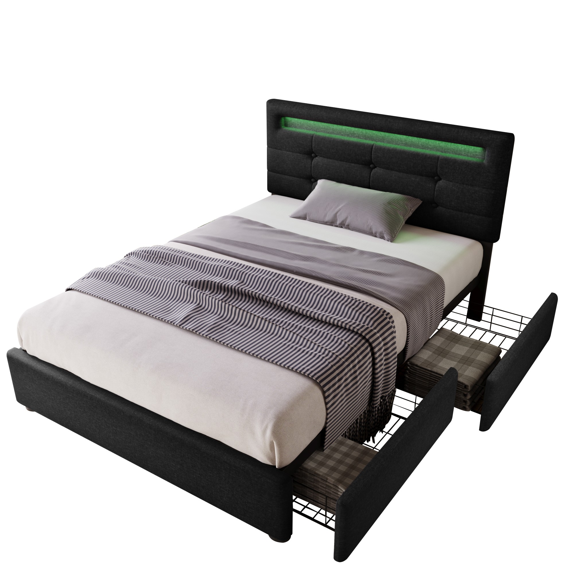 Bettgestell mit LED-Beleuchtung und 2 Schubladen, 