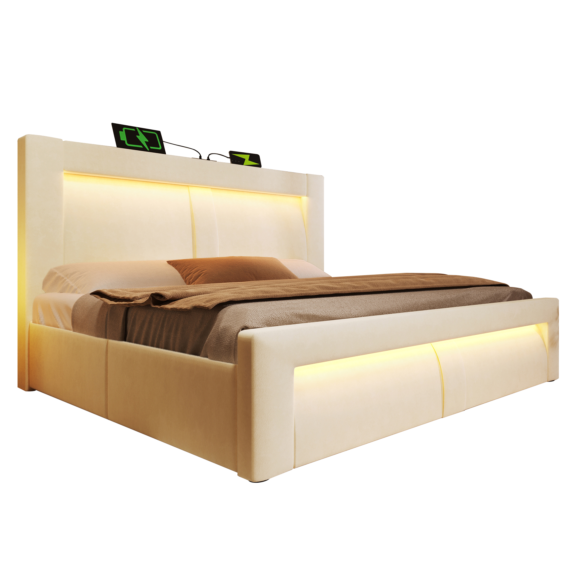 Détails de Lit coffre rembourré en velours 140 x 200 cm avec rangement hydraulique, LED, ports USB-C et sommier à lattes, Beige, sans matelas