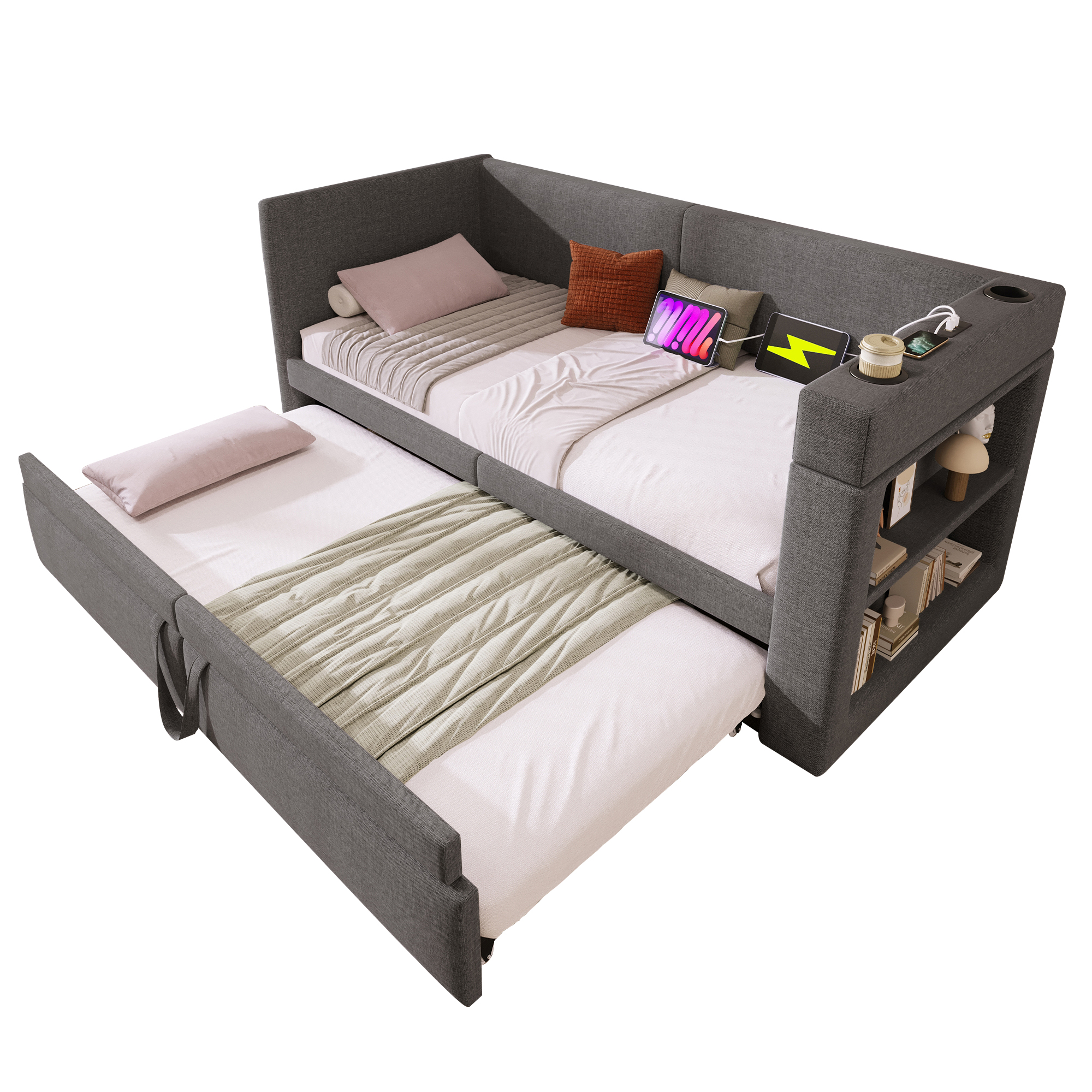 Canapé-lit avec lit escamotable, accoudoirs interchangeables, tissu lin-coton, roulettes et sangles, pour salon et chambre, utilisation flexible, confort toute saison, gain de place, design pratique - image 2