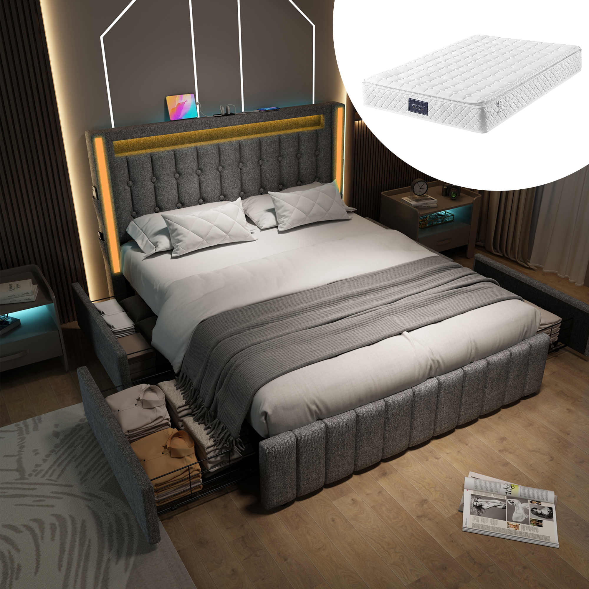 Polsterbett USB Typ C Ladefunktion LED-Beleuchtung