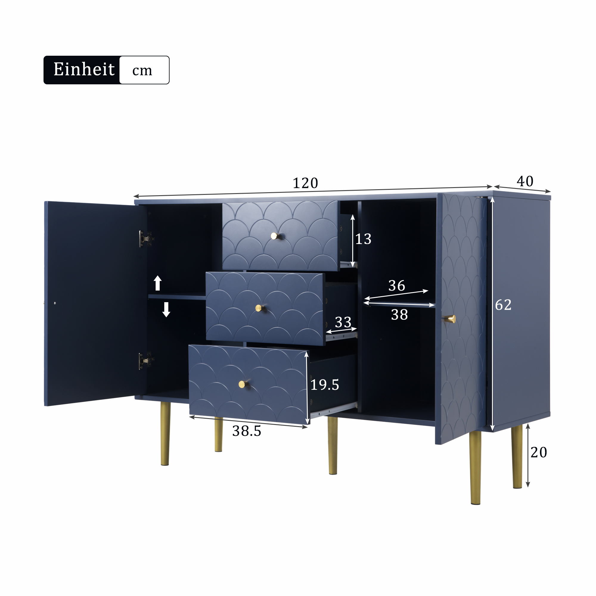 Commode, avec tiroirs, 120 x 40 x 83 cm, métal, bleu - vue 2