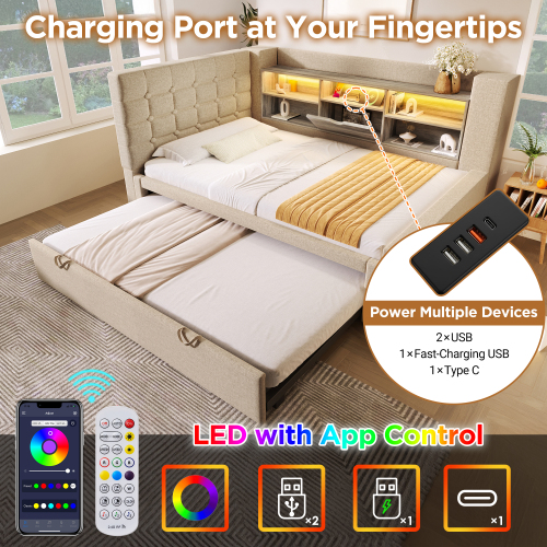 Lit banquette gigogne beige avec LED et ports USB USB-C
