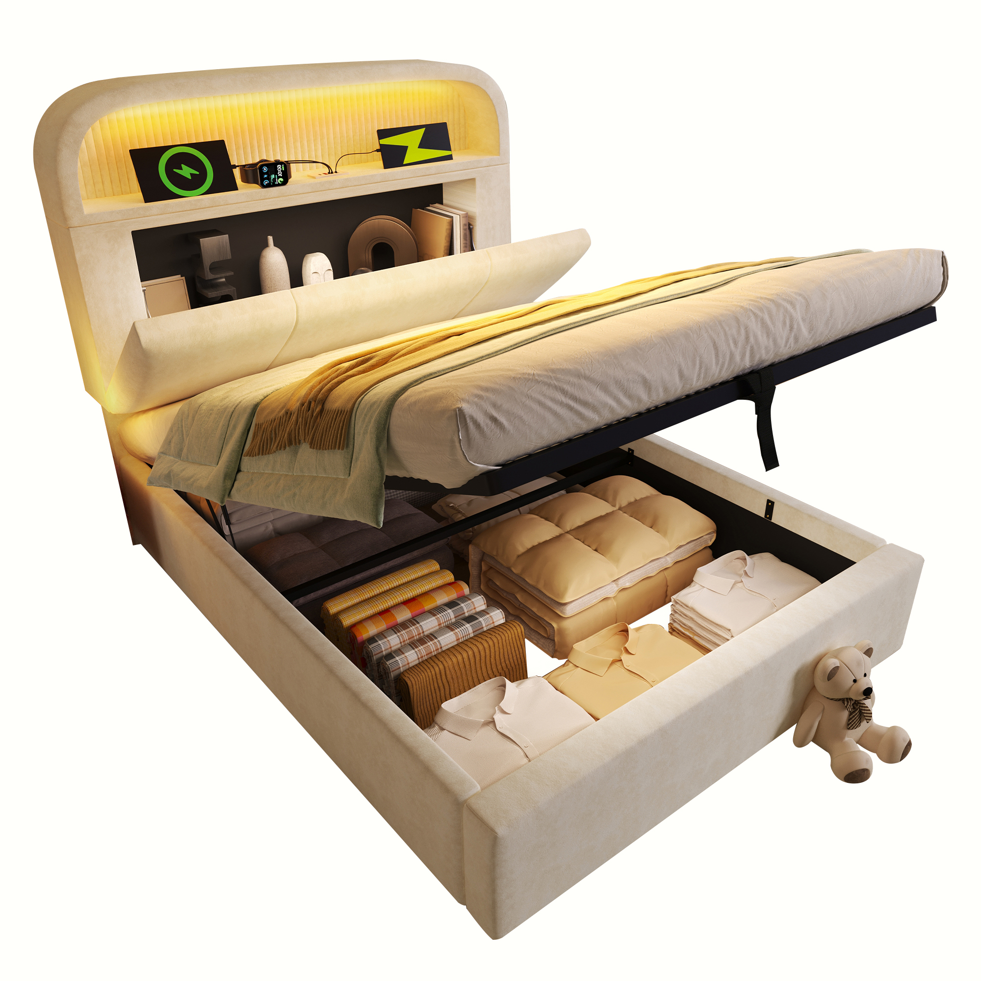 lit coffre hydraulique tête de lit réglable velours beige