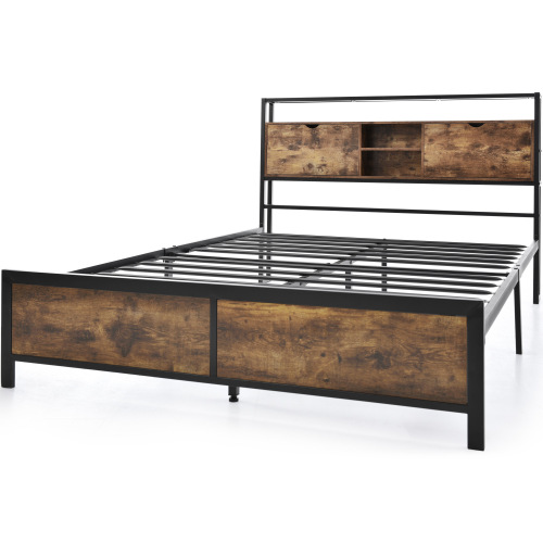 Lit métal industriel 140x200 cm avec tête de lit effet bois