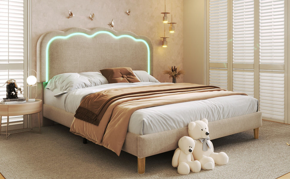 Lit avec tête de lit forme bouffée beige, LED ambiance, hauteur réglable, pour chambre, lumière douce enveloppante, atmosphère chaleureuse, design élégant, couleur beige polyvalente, confort et style moderne - image 18
