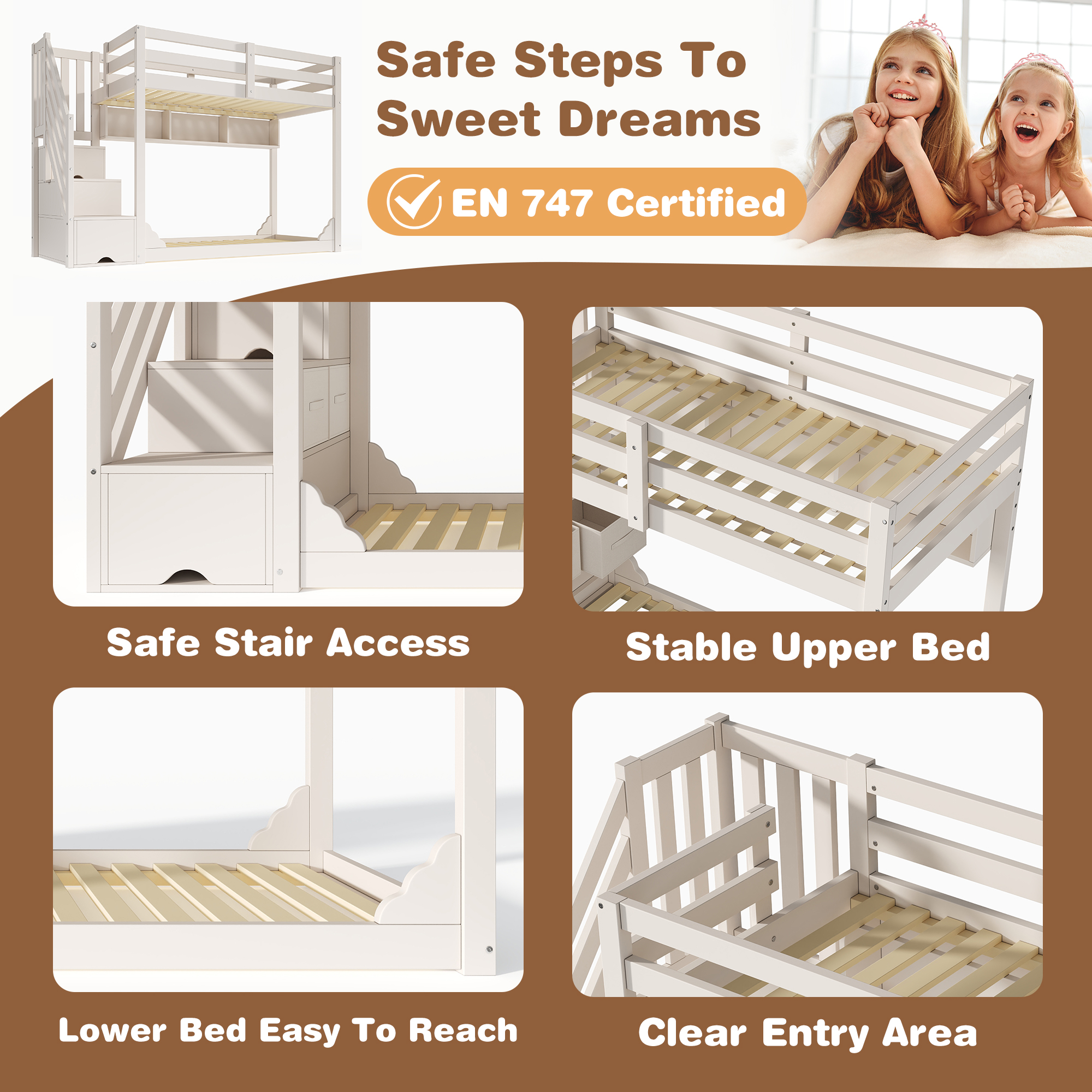 Lit superposé 90 x 200 cm, escalier de rangement, 2 tiroirs, garde-corps, bois, blanc, 253 x 95 x 145 cm 🛏️🪜 - spécifications 1