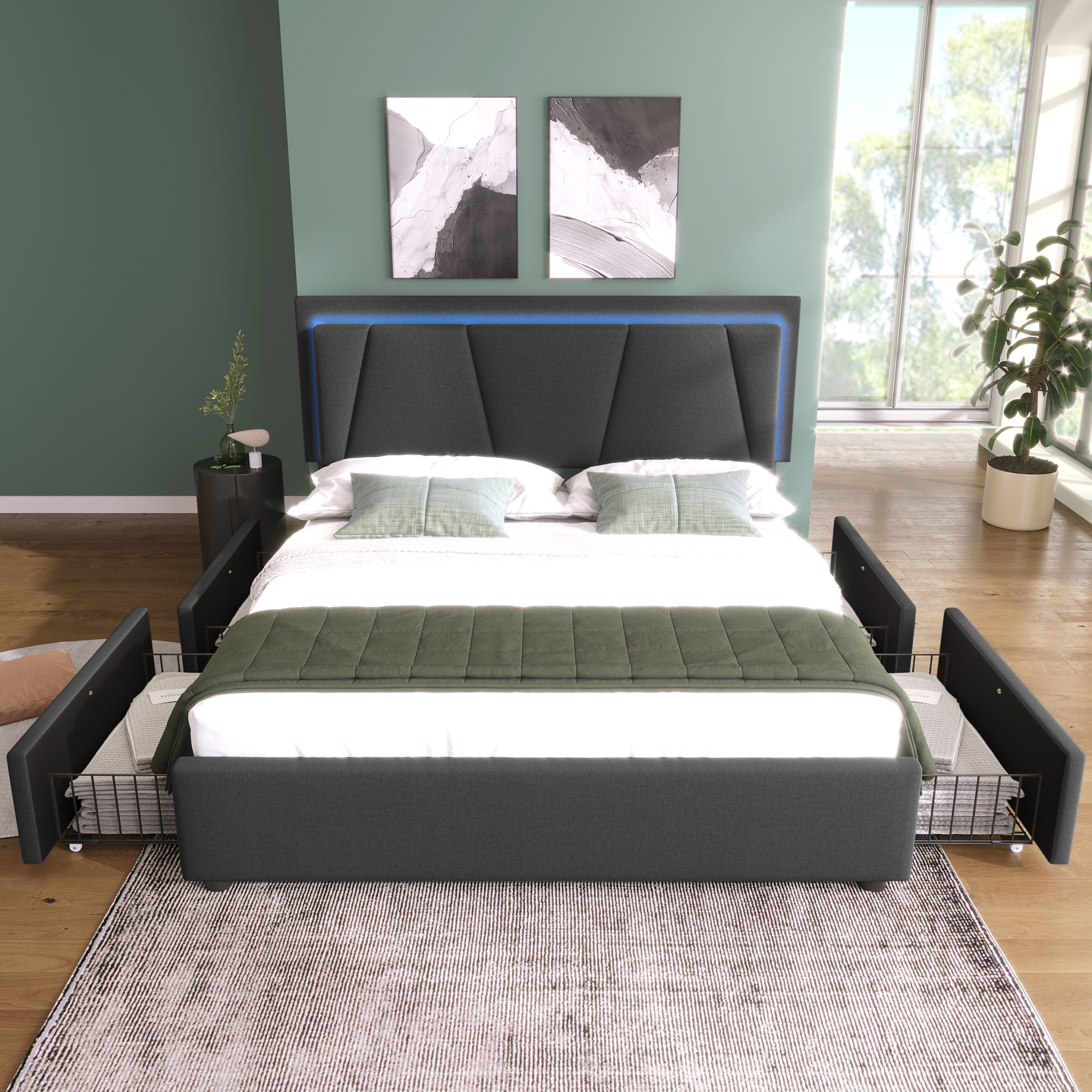 Polsterbett mit LED-Beleuchtung und 4 Schubladen,H