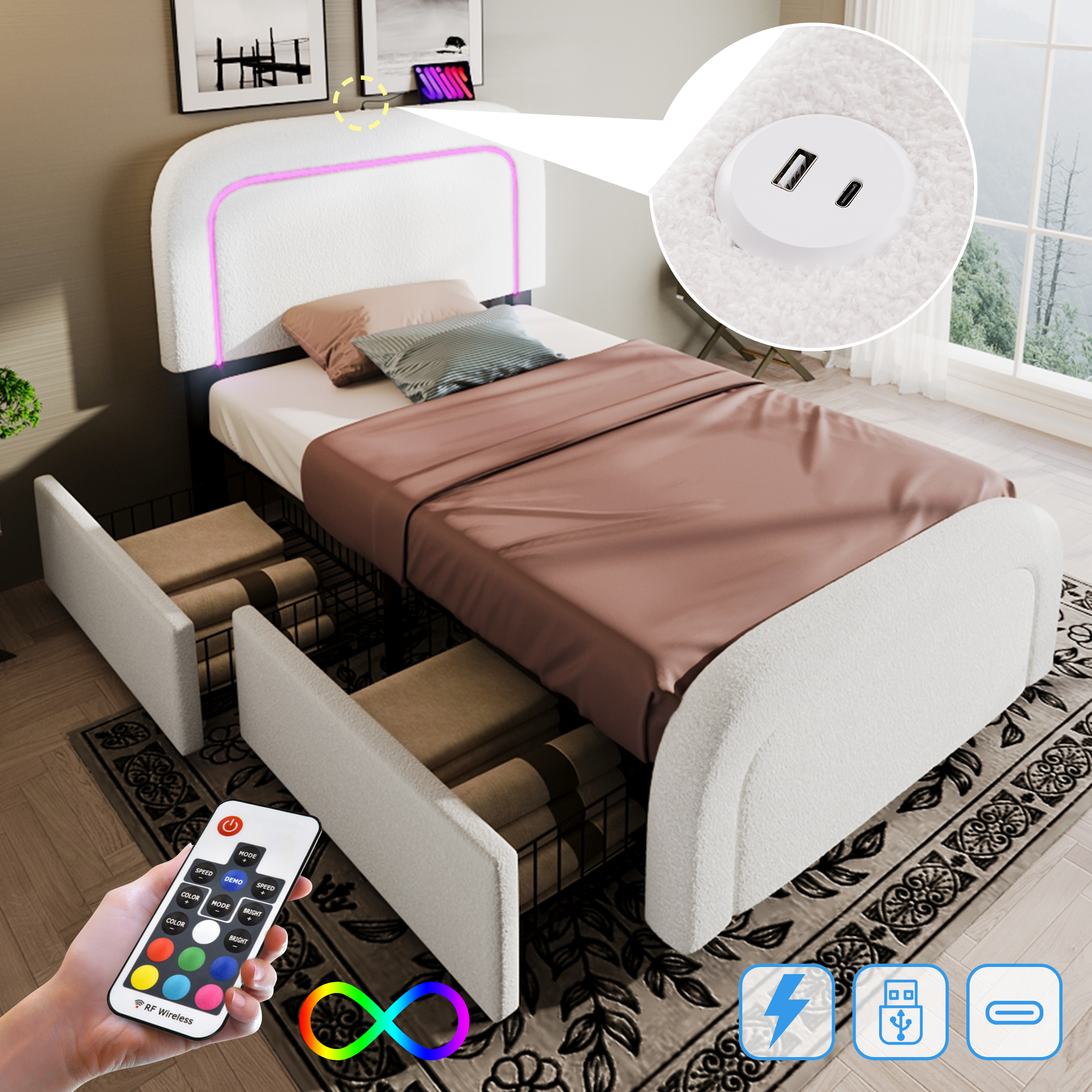 Bettgestell mit USB Typ C Ladefunktion LED-Beleuch