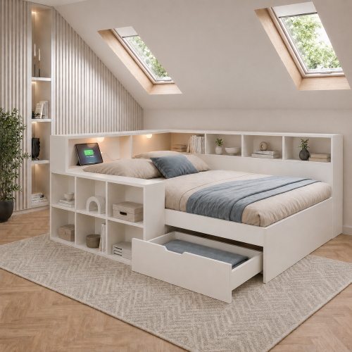 Lit simple blanc avec rangement et ports USB