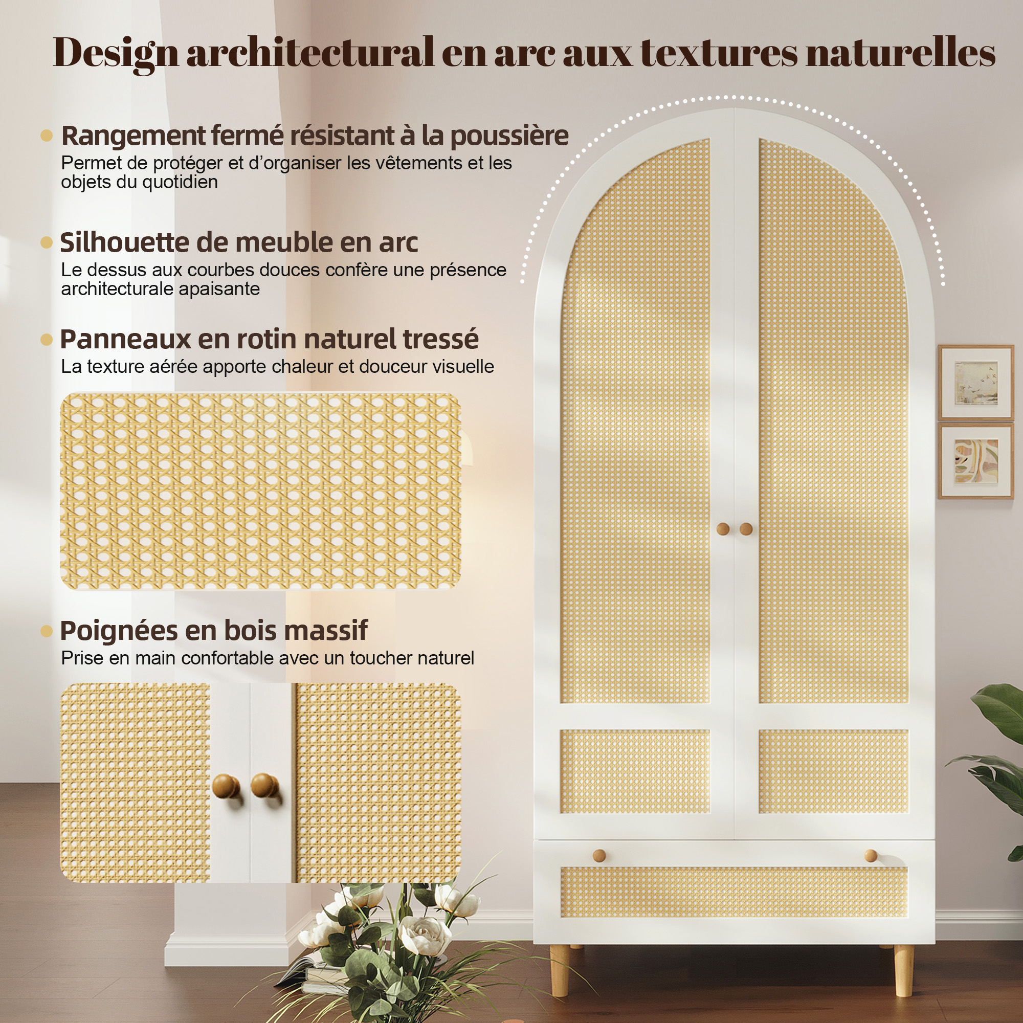 Armoire-penderie, avec tiroirs, détails en rotin, 80 x 50 x 180 cm, rotin et bois, blanc - vue 4