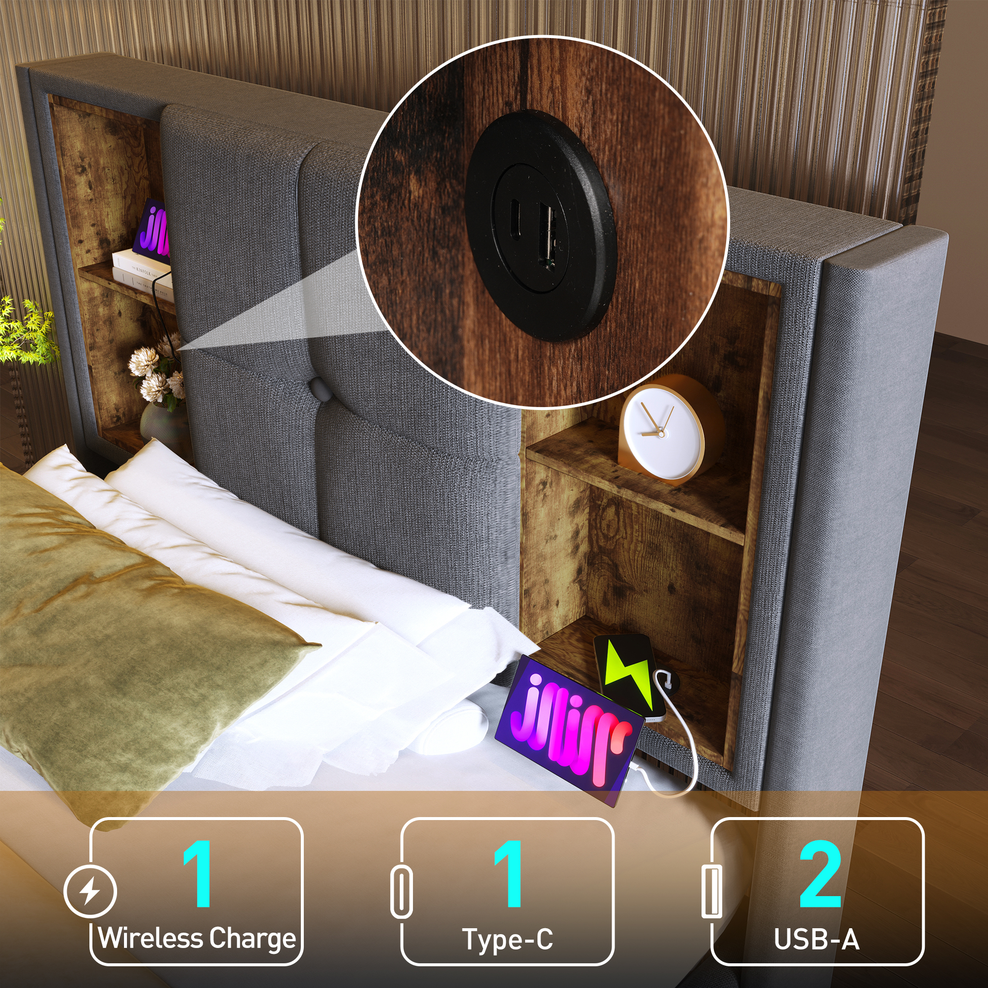 Einzelbett  mit Kabellosem Laden USB C, Polsterbet