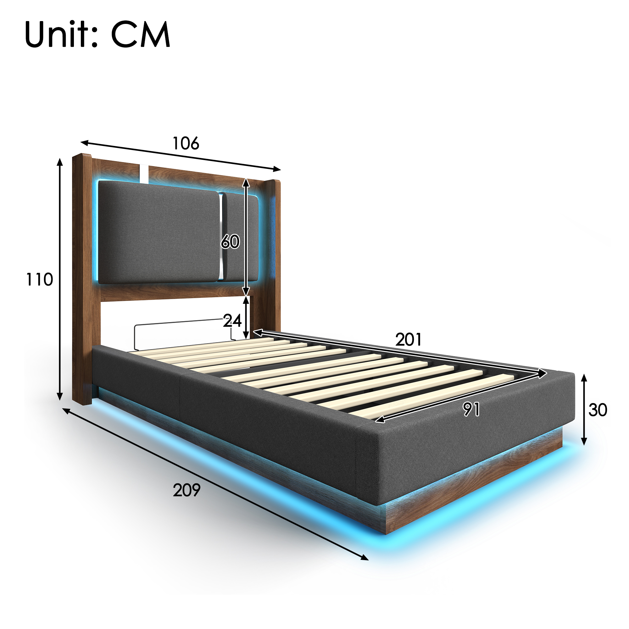 Détails de l'éclairage LED et de la tête de lit rembourrée du lit 90x200 cm gris