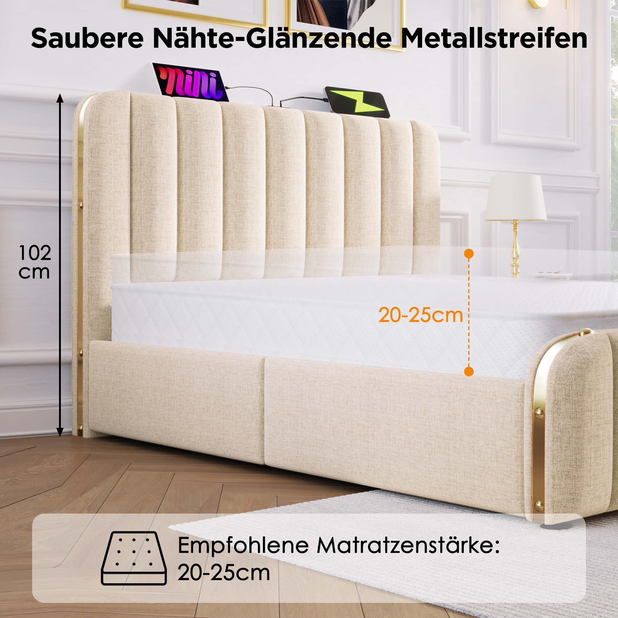 Polsterbett Einzelbett, gepolstertes Kopfteil mit 