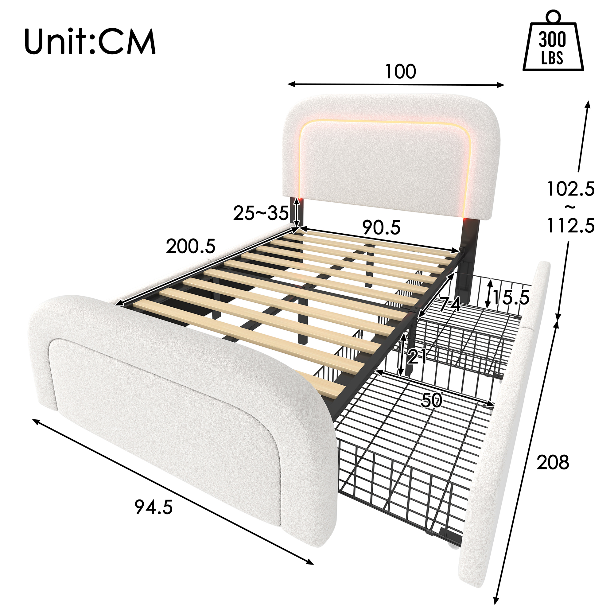 Bettgestell mit USB Typ C Ladefunktion LED-Beleuch