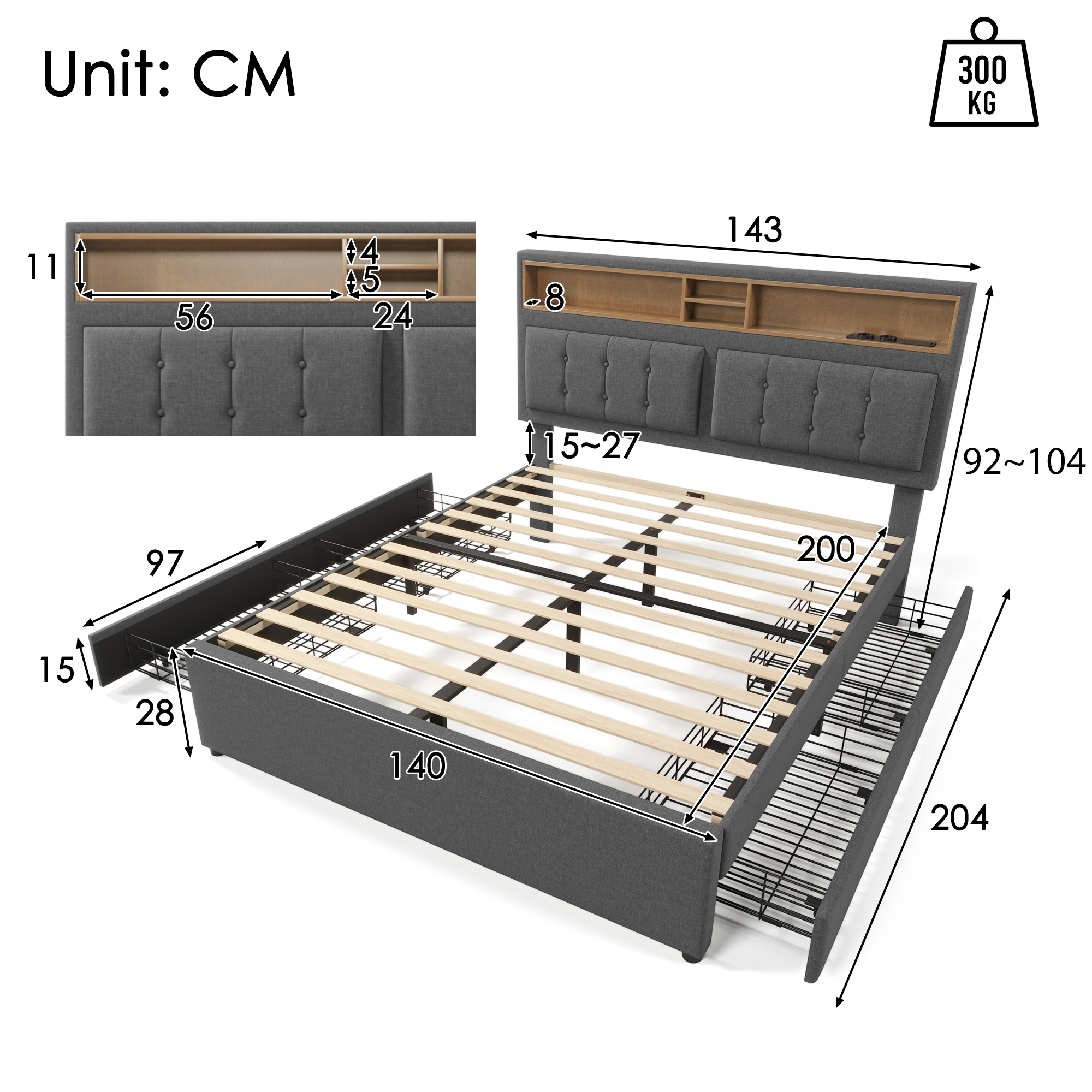 Doppelbett mit  4 Schubladen& USB C Steckdose, Pol