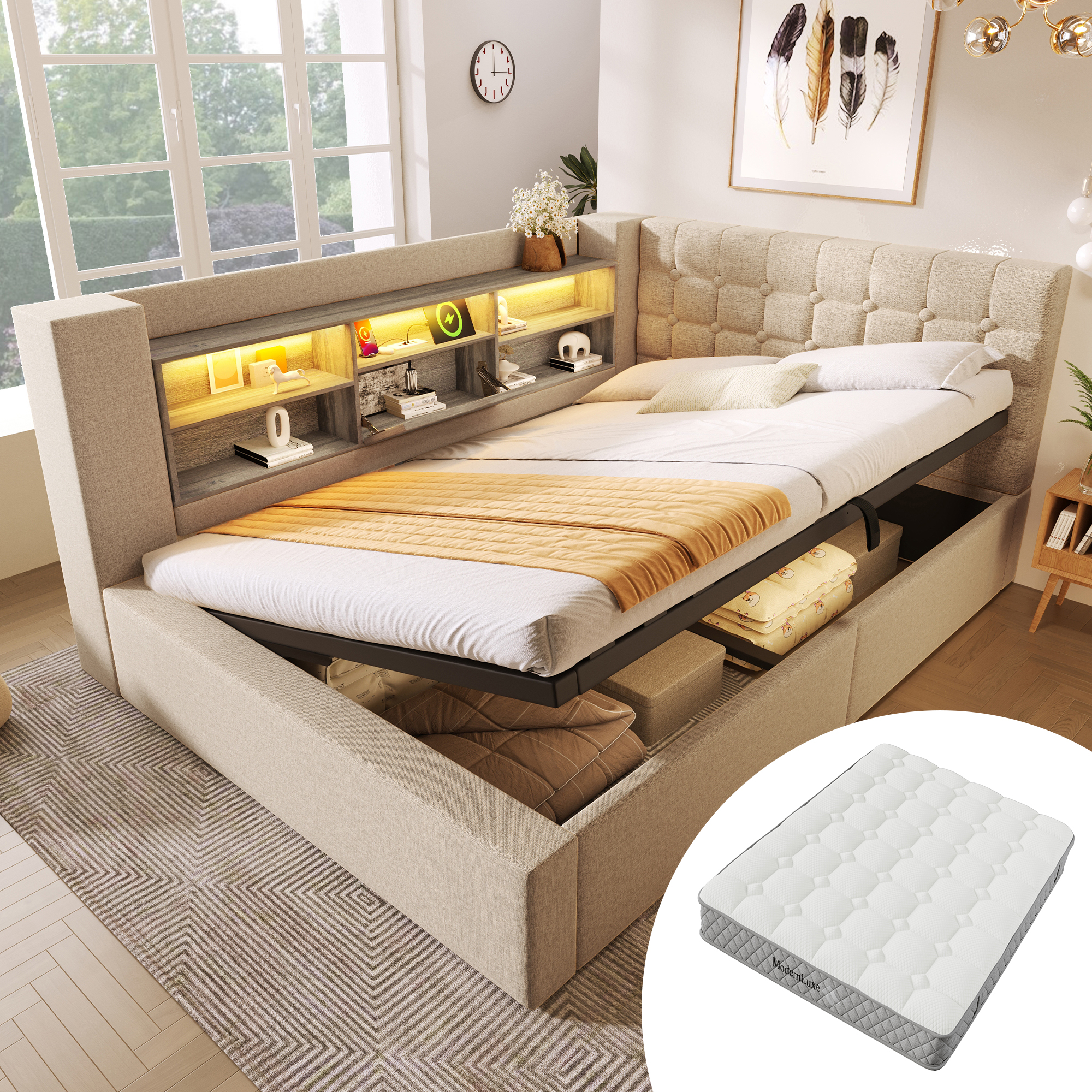 Polsterbett 140x200 cm Doppelbett mit LED-Beleucht