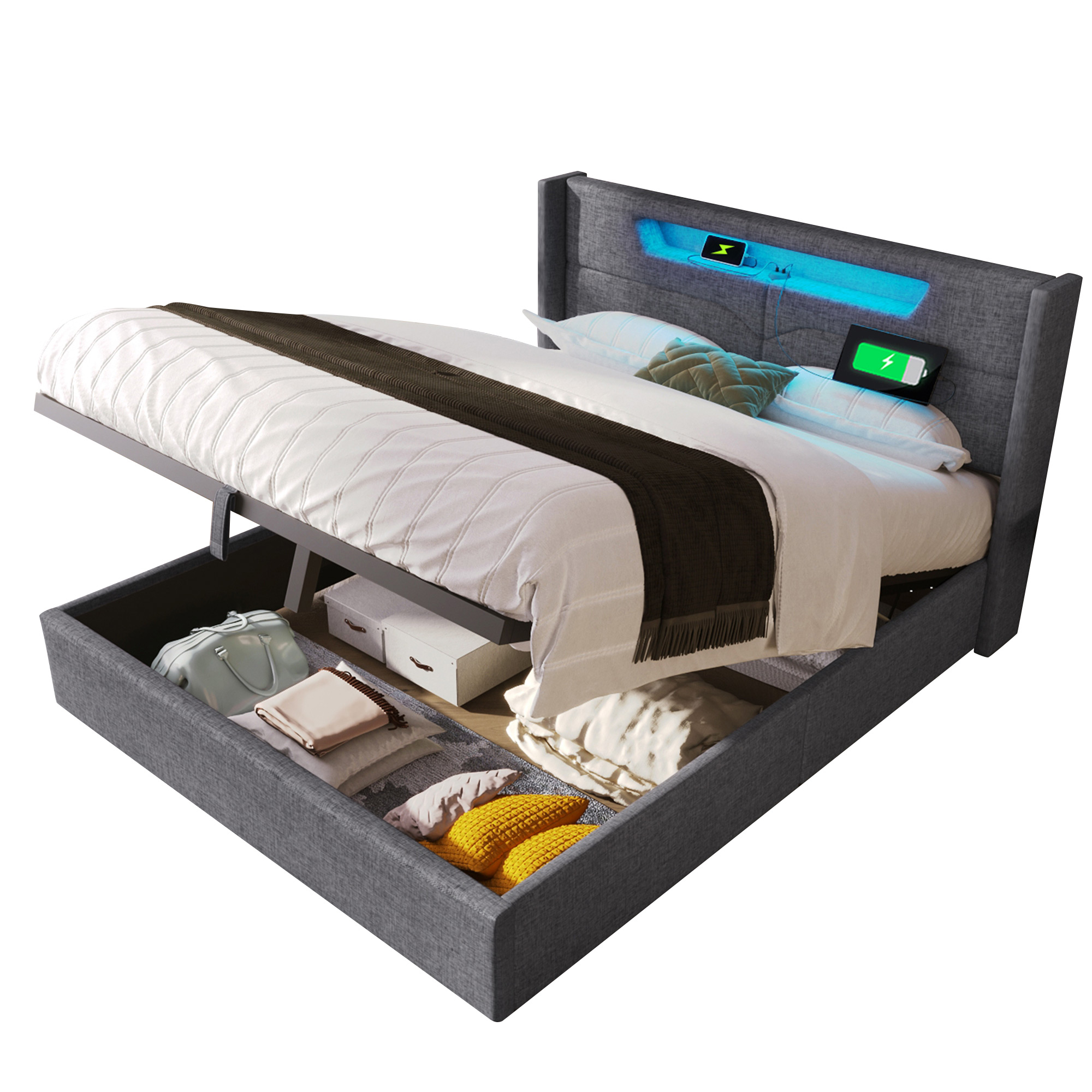 Lit rembourré double 140 x 200 cm, tête LED, USB Type-C, coffre, lin gris, 212 x 148 x 109 cm