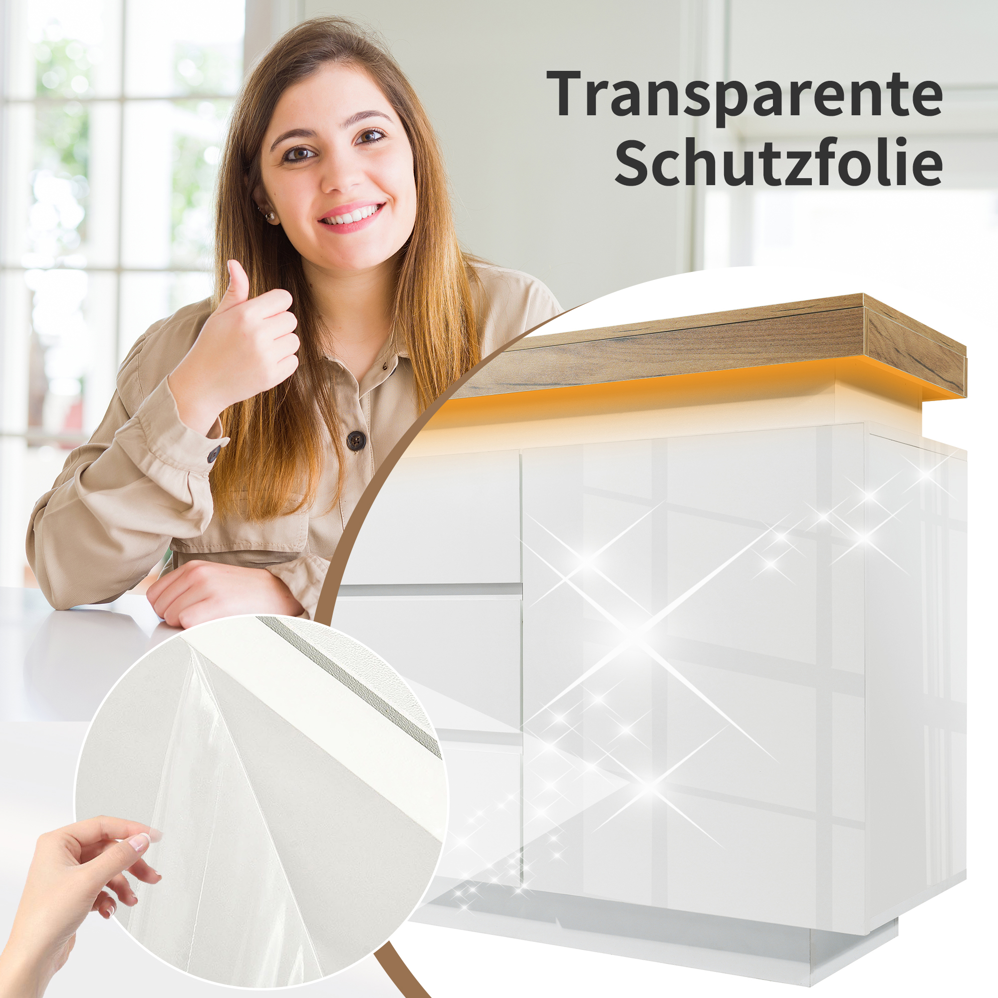Commode, éclairage LED, avec tiroirs, 140 x 39 x 81 cm, panneaux de particules, blanc - vue 5