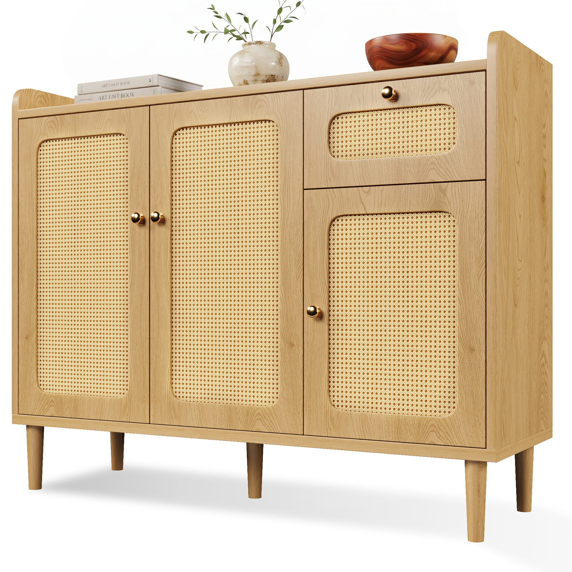 Buffet bas 120 cm, meuble de rangement avec 3 portes, 1 tiroir, étagères réglables, façades en cannage, MDF, Effet chêne