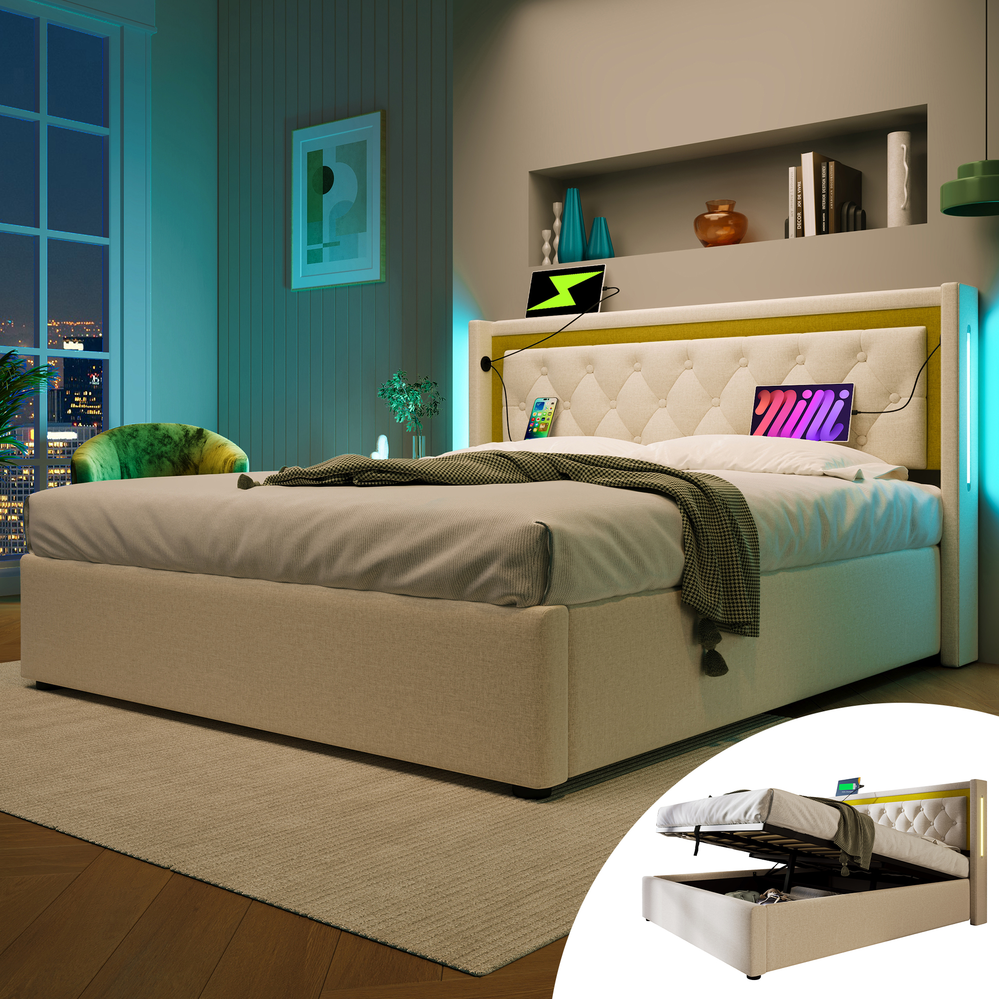 Polsterbett LED Doppelbett Stauraum Bettkasten mit