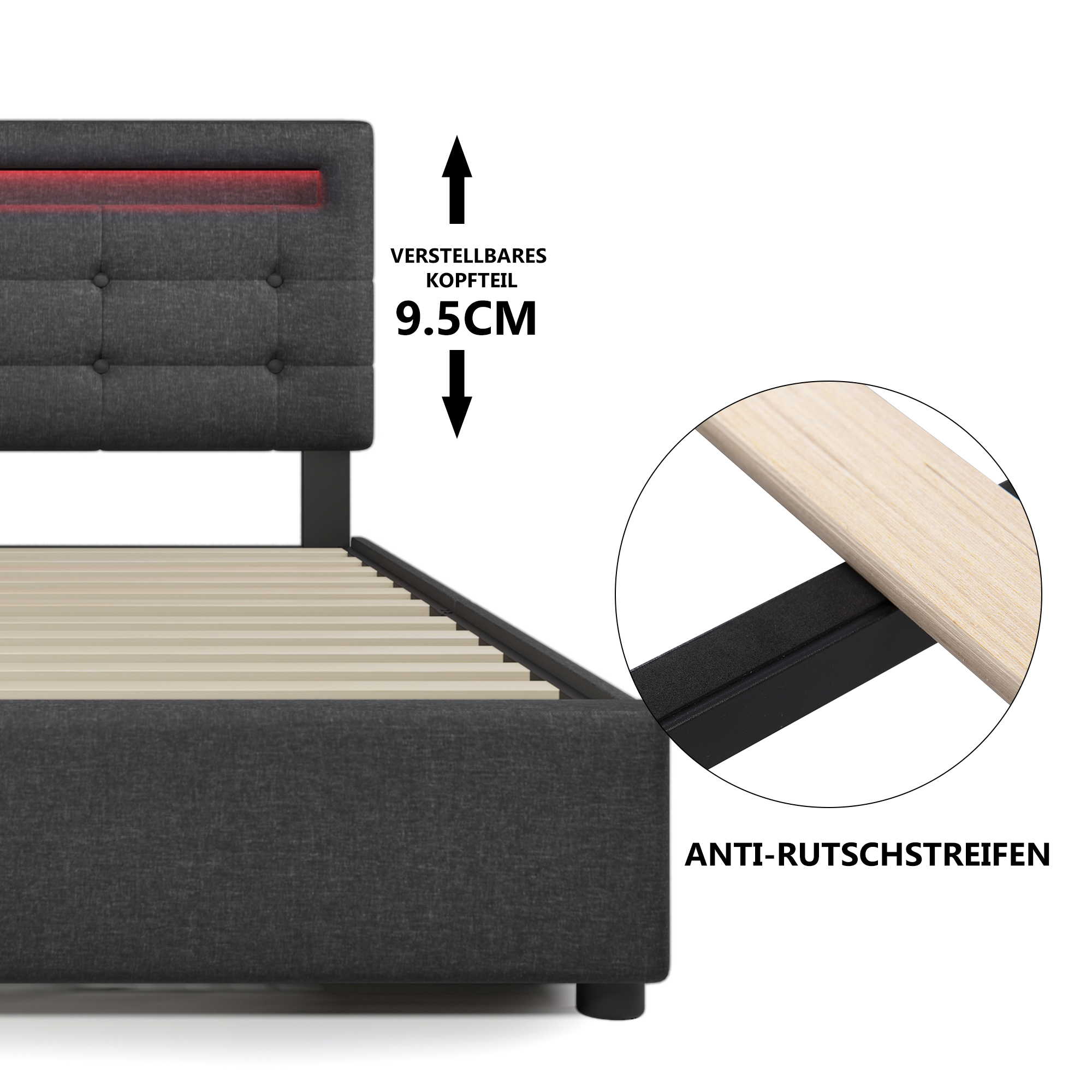 Bettgestell mit LED-Beleuchtung und 2 Schubladen, 