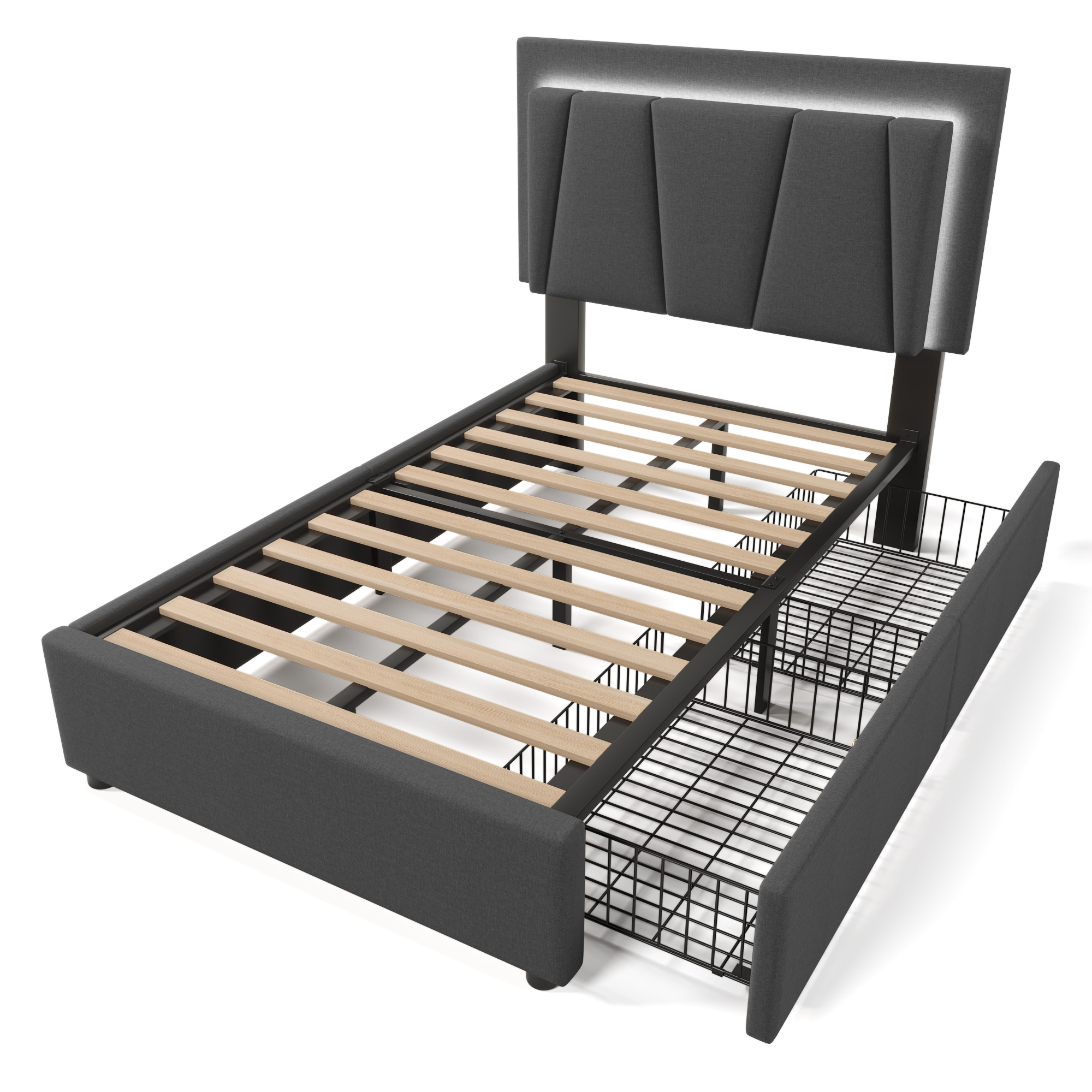 Polsterbett mit LED-Beleuchtung und 2 Schubladen,H