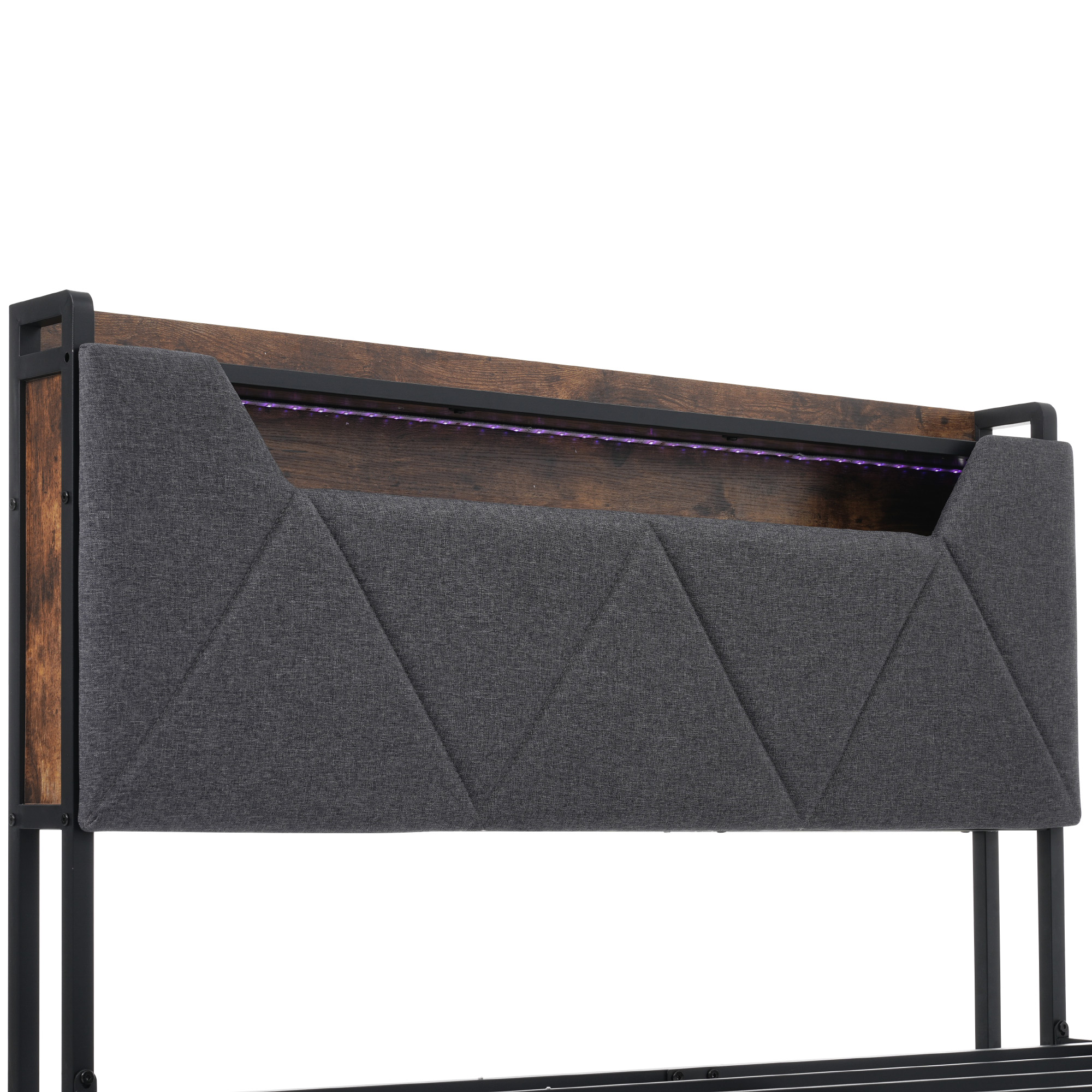 Cadre de lit, éclairage LED, ports USB, tête de lit, avec tiroirs, 160 x 200 cm, métal, gris - vue 7