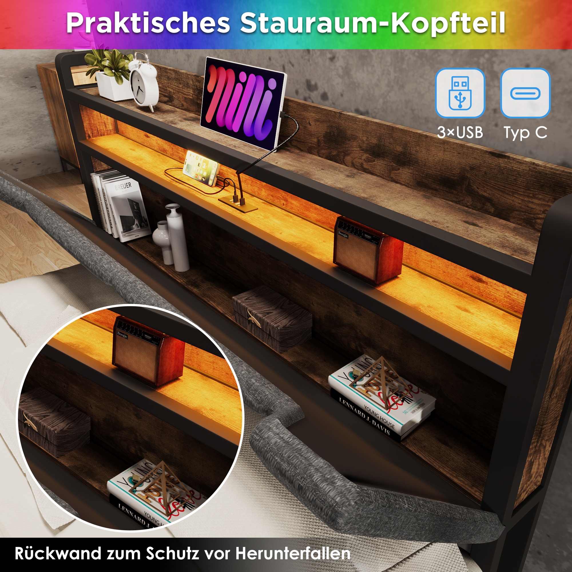 Polsterbett mit USB Typ C Ladefunktion Stauraum-Ko