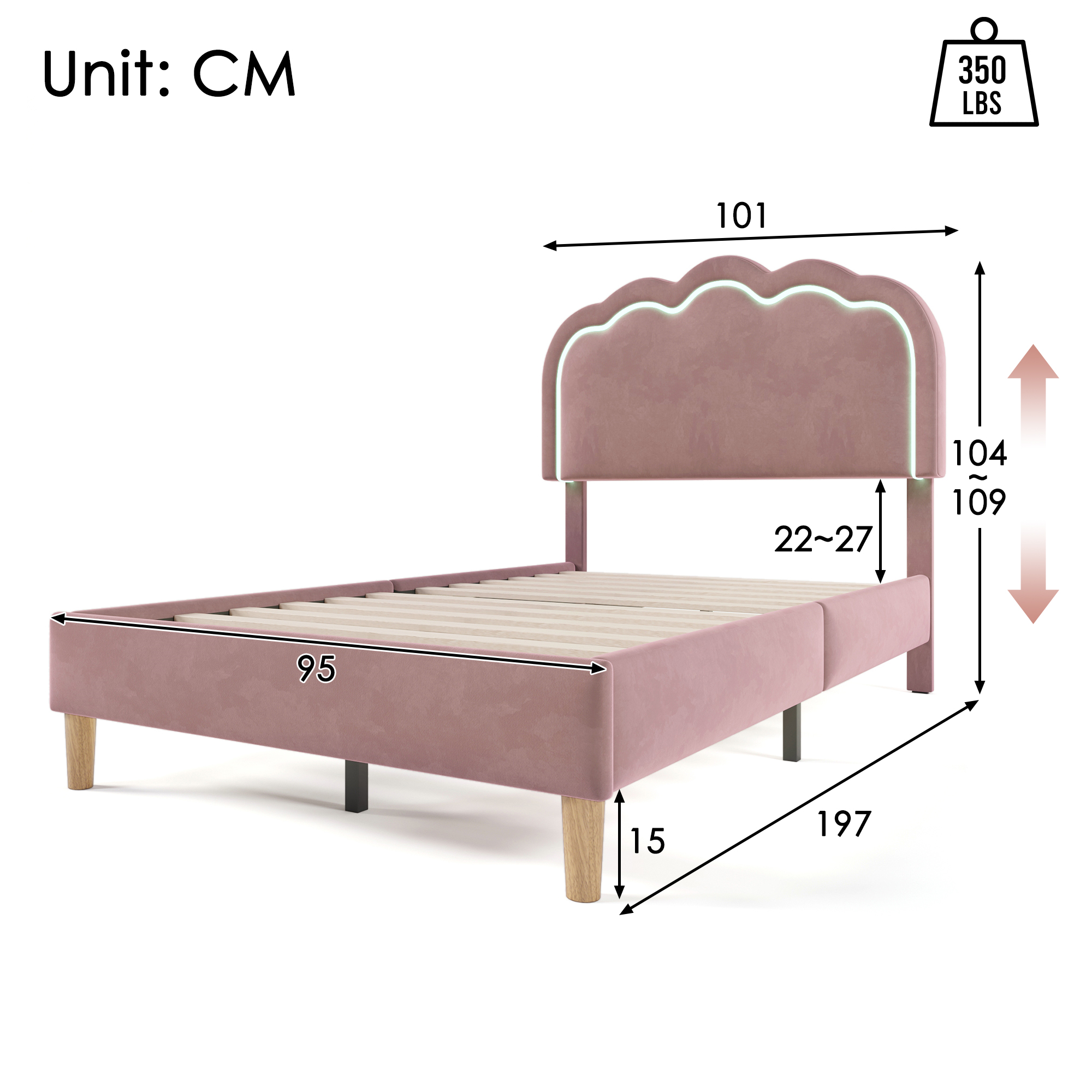 Polsterbett LED Einzelbett 90 x 190cm, Bettgestell