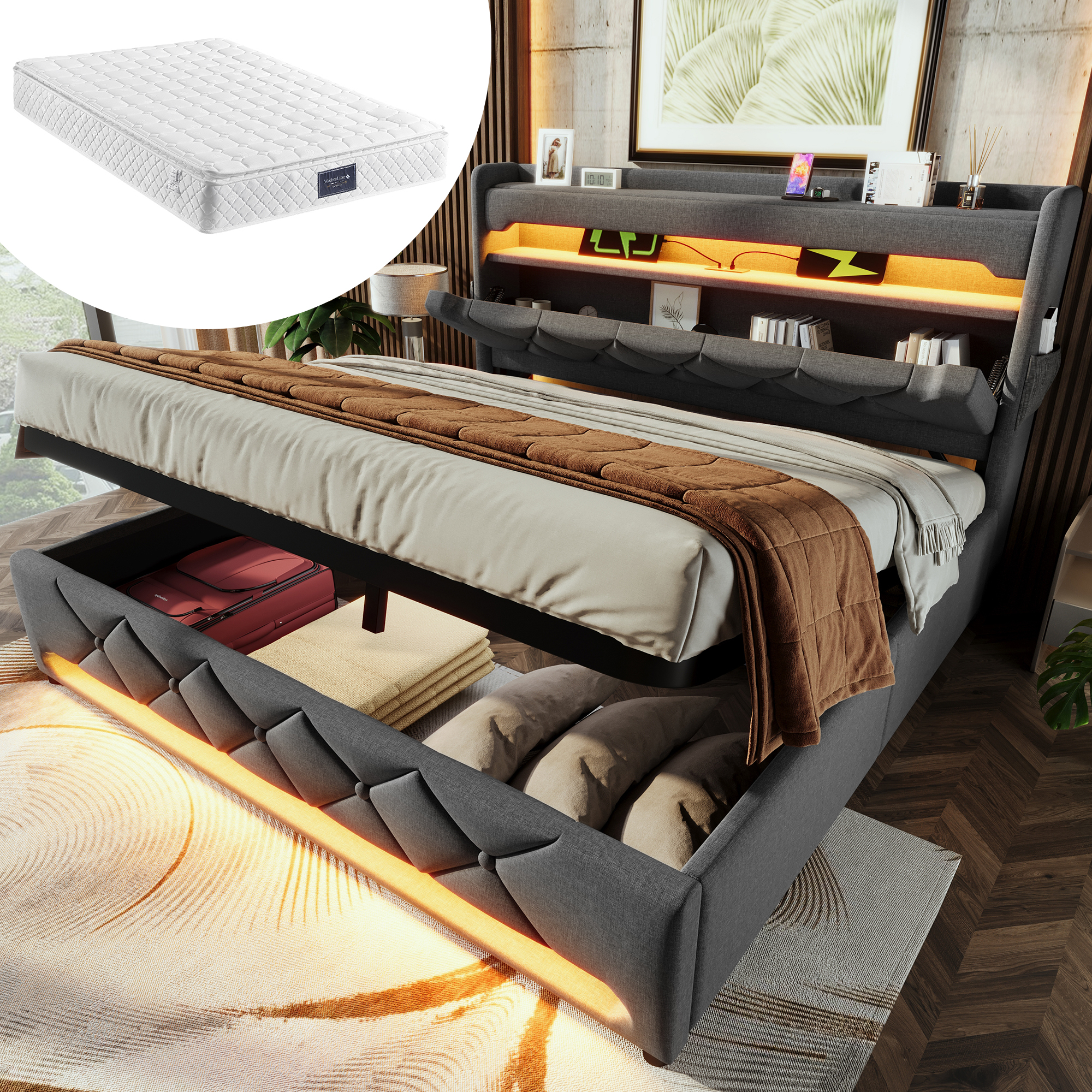 Polsterbett Doppelbett 140*200, Stauraum Kopfteil 