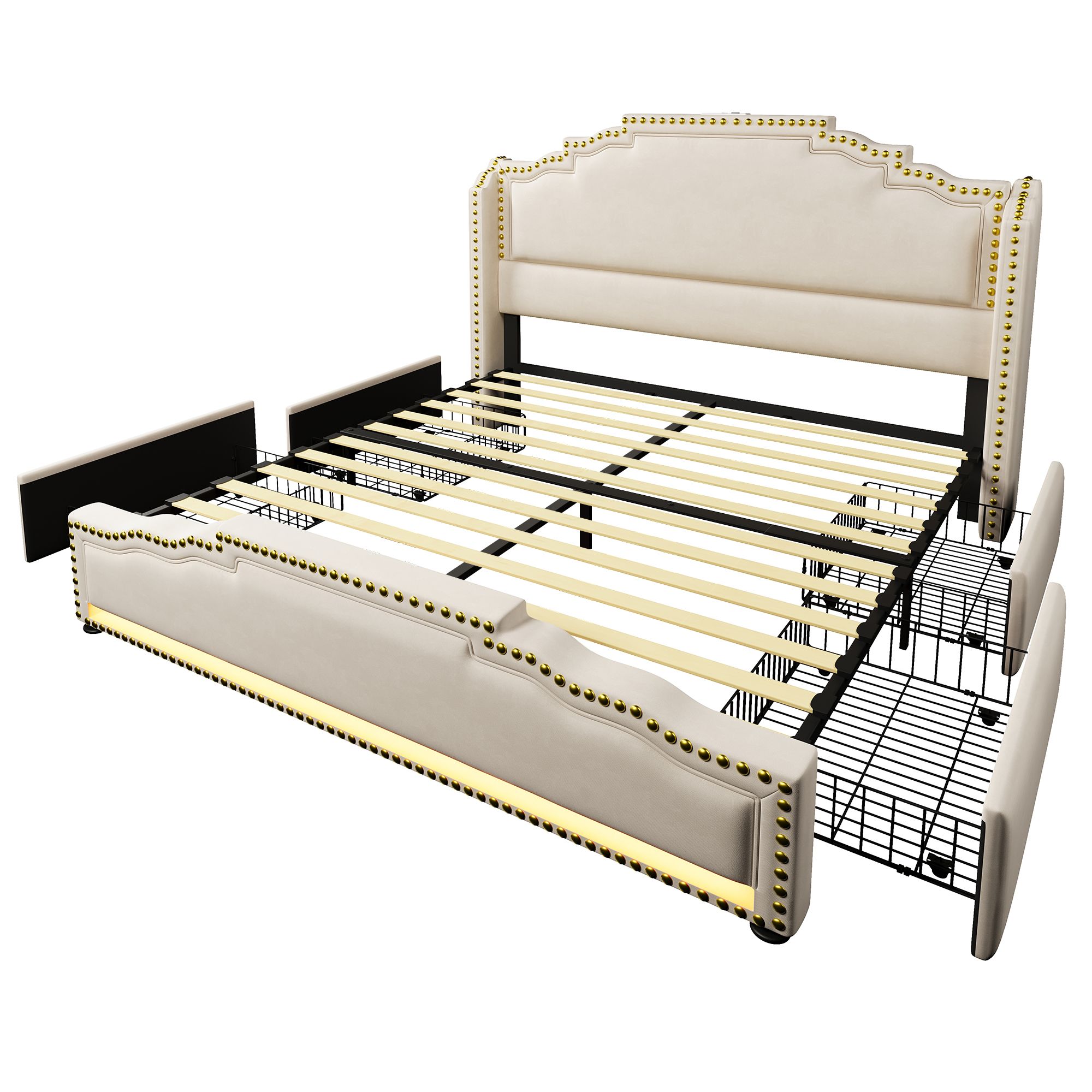 Polsterbett 140×200, Doppelbett mit 4 Schubladen, 