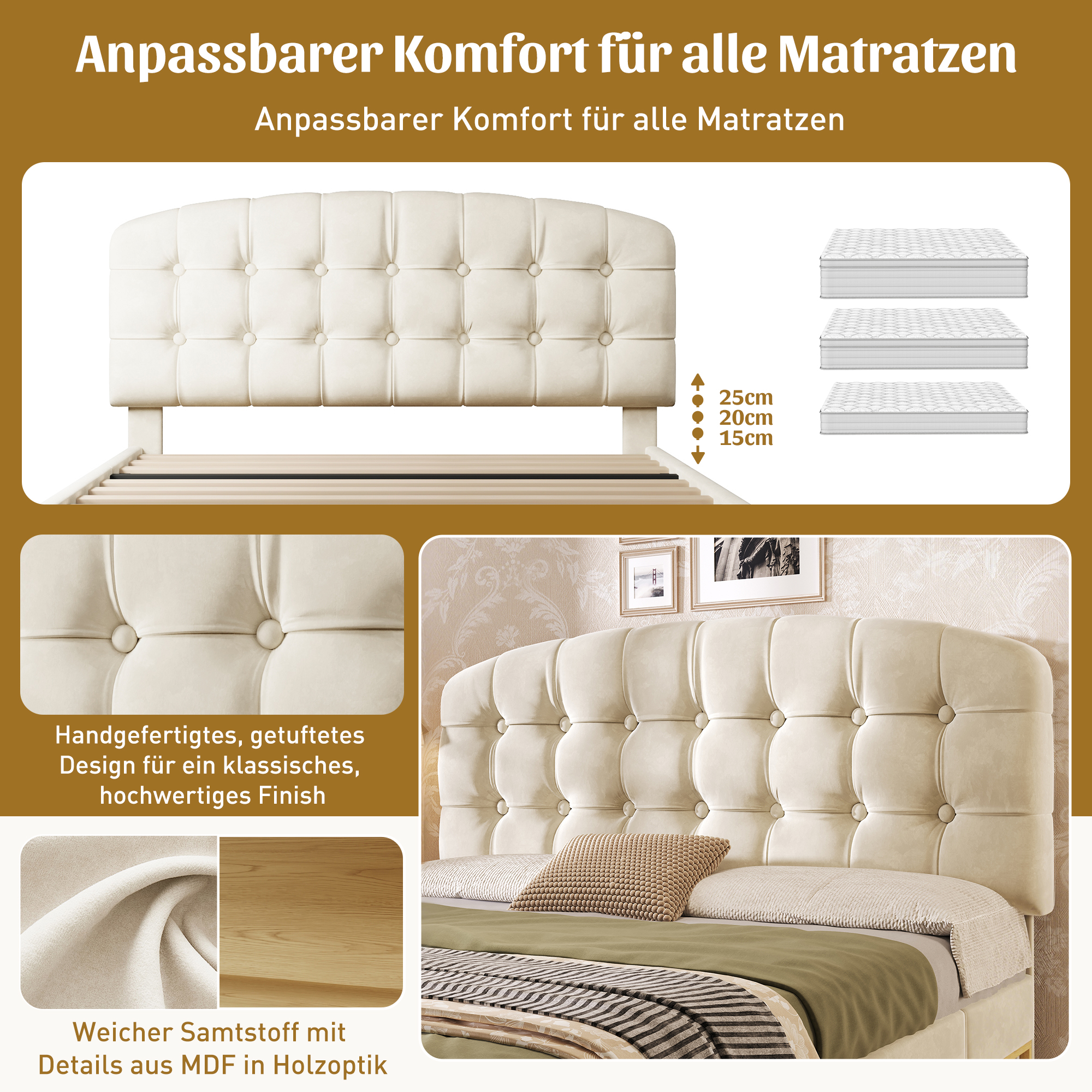 Doppelbett 140x200 Polsterbett Samt Beige mit Latt