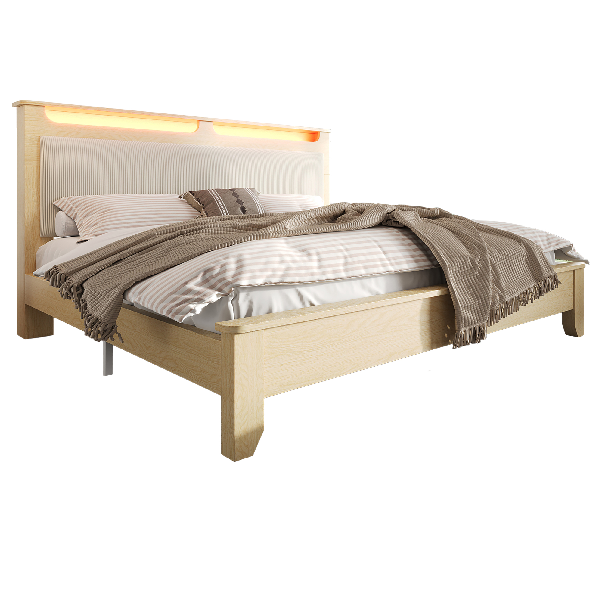 Lit, éclairage LED, tête de lit, 180 x 200 cm, velours côtelé, beige - vue 4