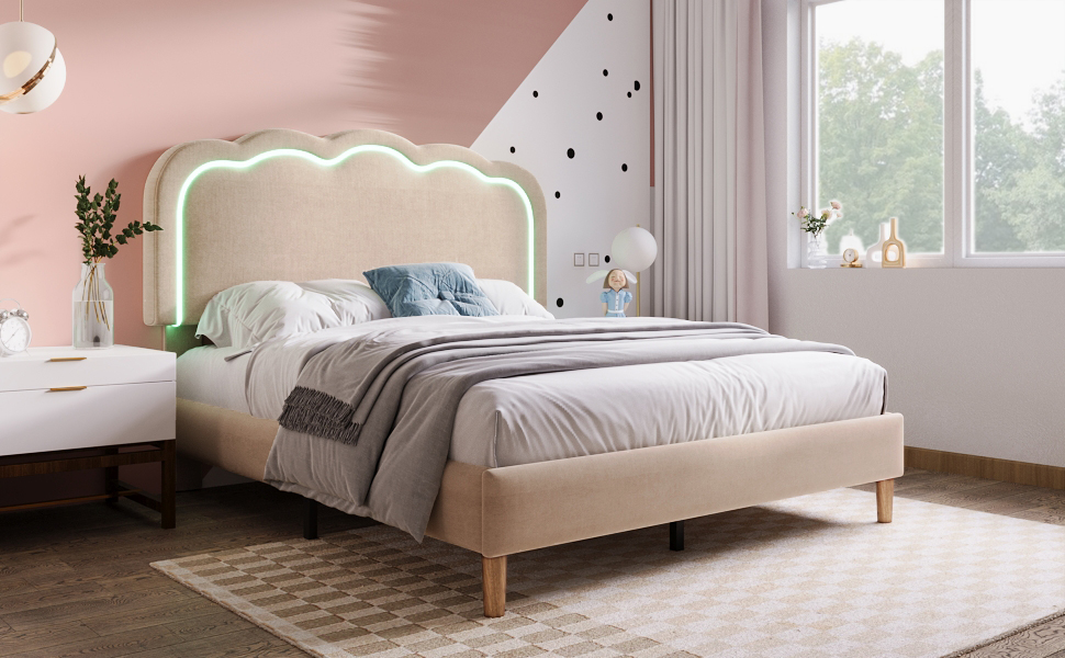 Lit avec tête de lit forme bouffée beige, LED ambiance, hauteur réglable, pour chambre, lumière douce enveloppante, atmosphère chaleureuse, design élégant, couleur beige polyvalente, confort et style moderne - image 16