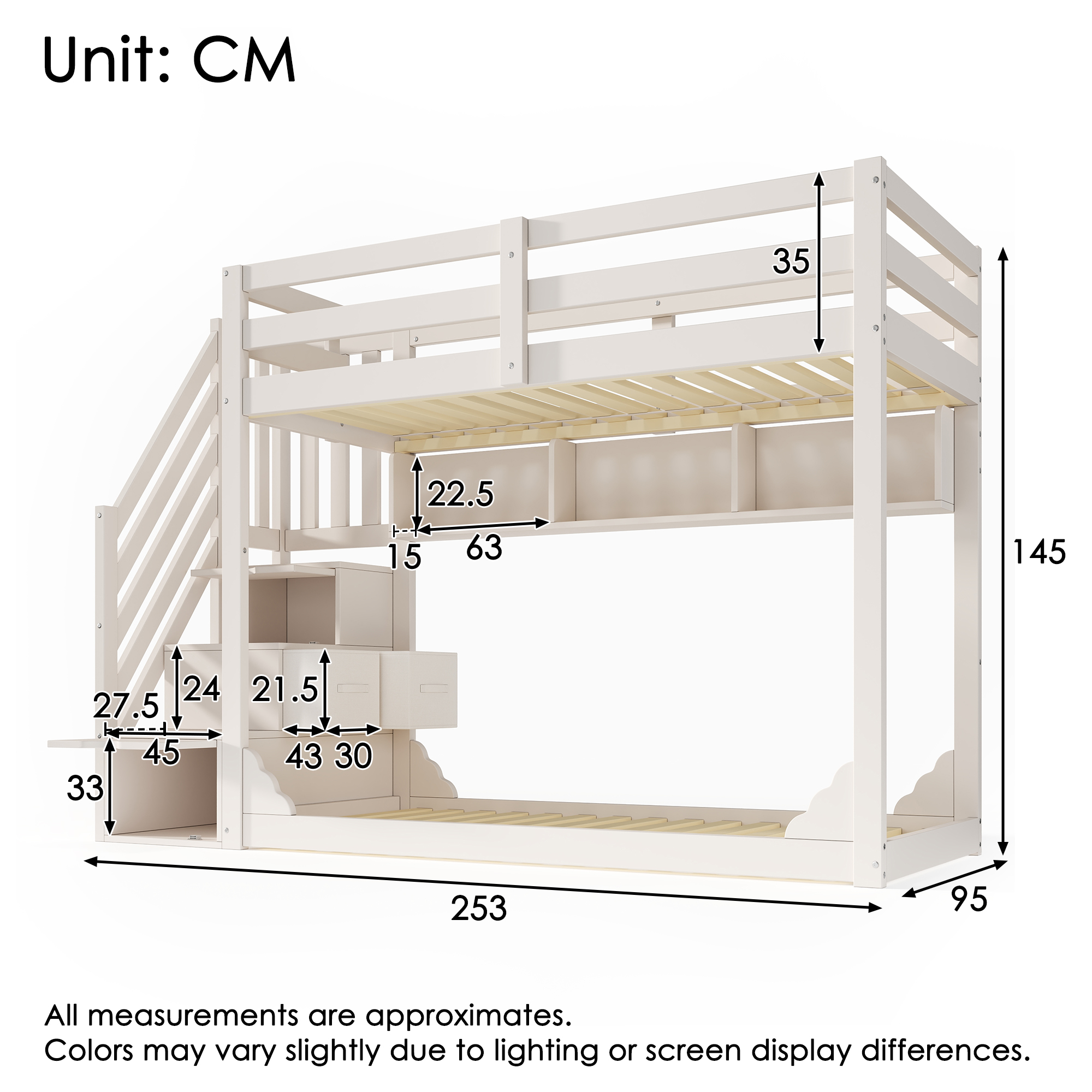Lit superposé 90 x 200 cm, escalier de rangement, 2 tiroirs, garde-corps, bois, blanc, 253 x 95 x 145 cm 🛏️🪜 - vue complémentaire 1