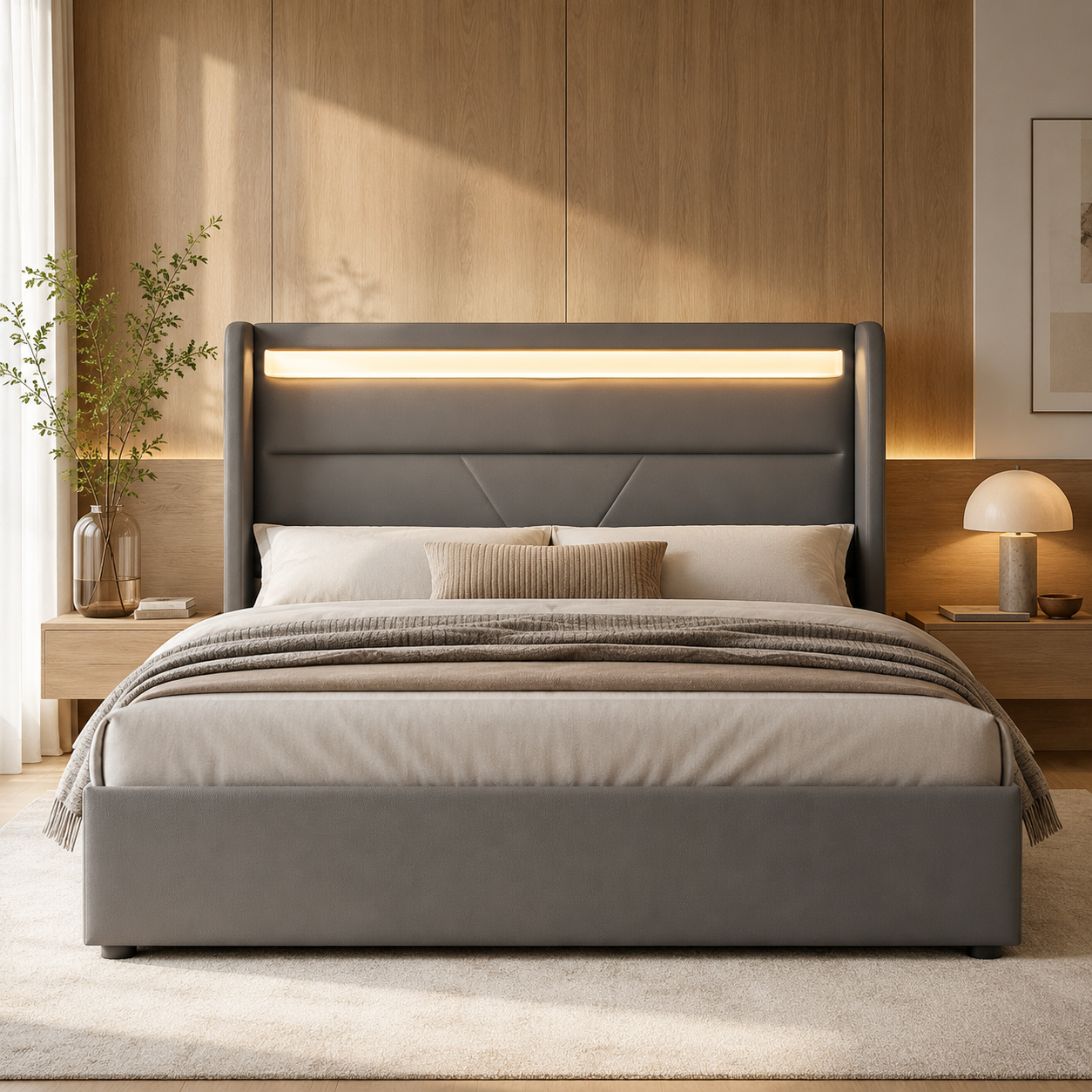 Hydraulisch Stauraumbett mit LED-Beleuchtungsleist