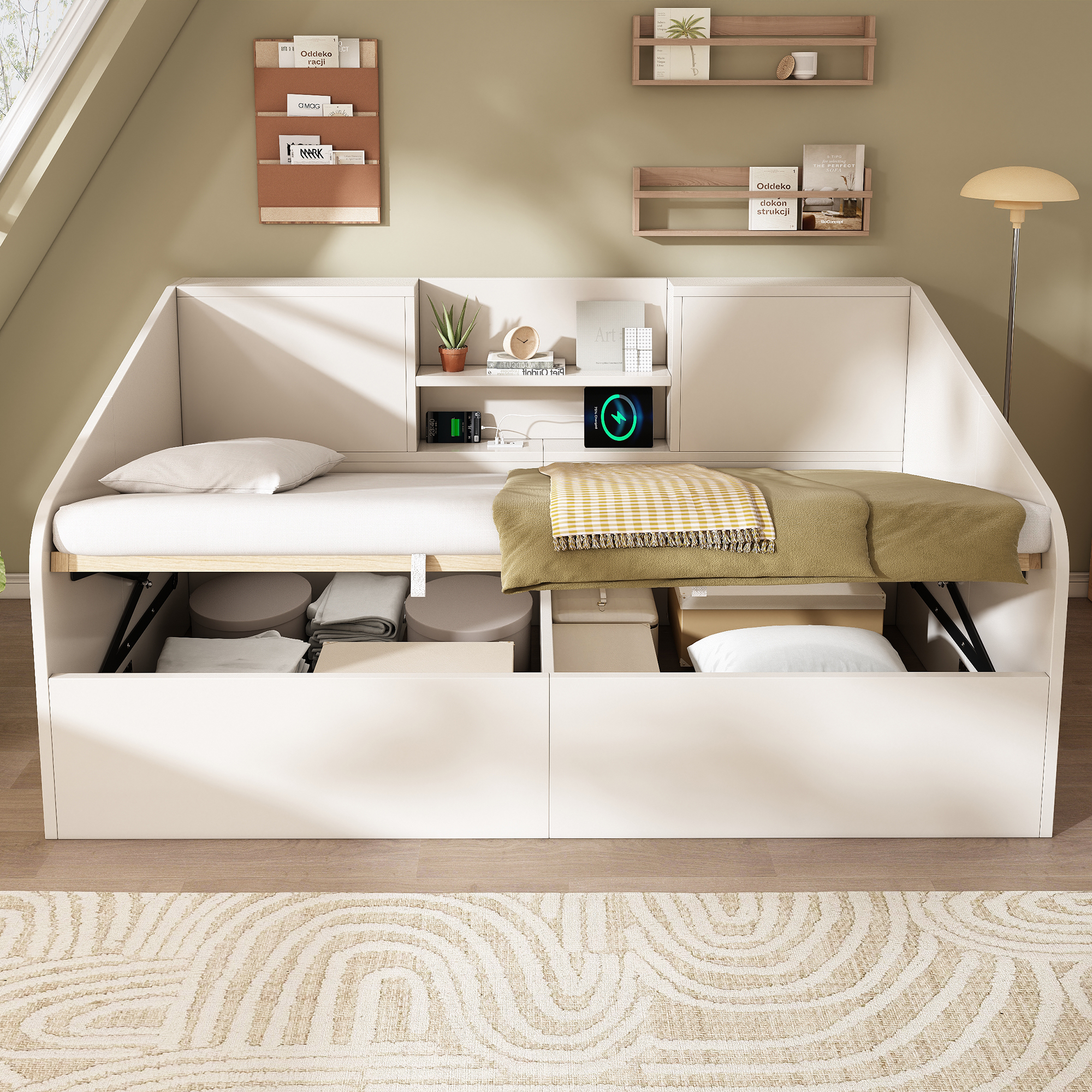 Lit, ports USB, 90 x 190 cm, bois, blanc - vue 7
