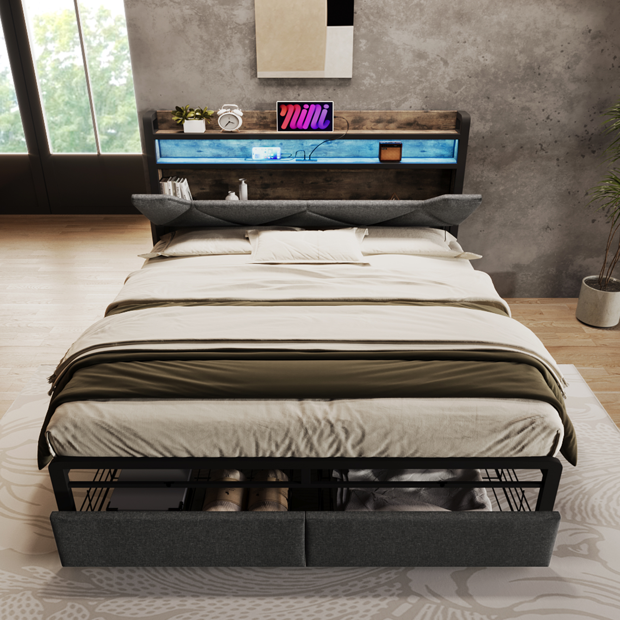 détail rangement caché tête‑de‑lit mécanisme à ressort