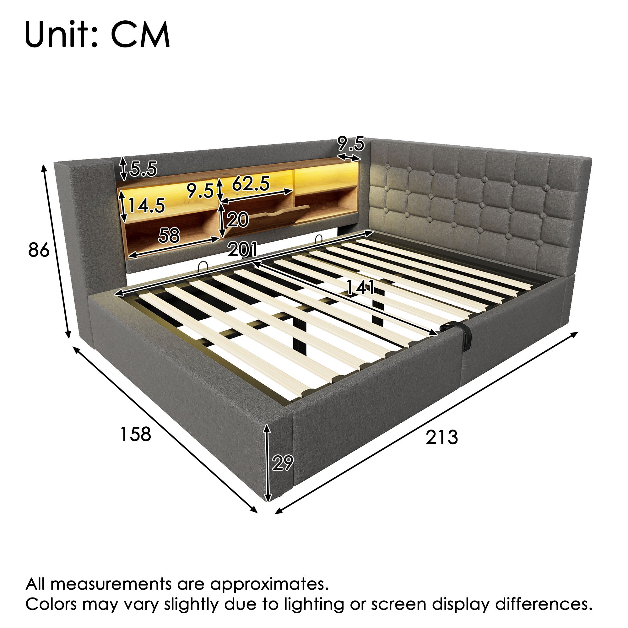 Polsterbett 140x200 cm Doppelbett mit LED-Beleucht