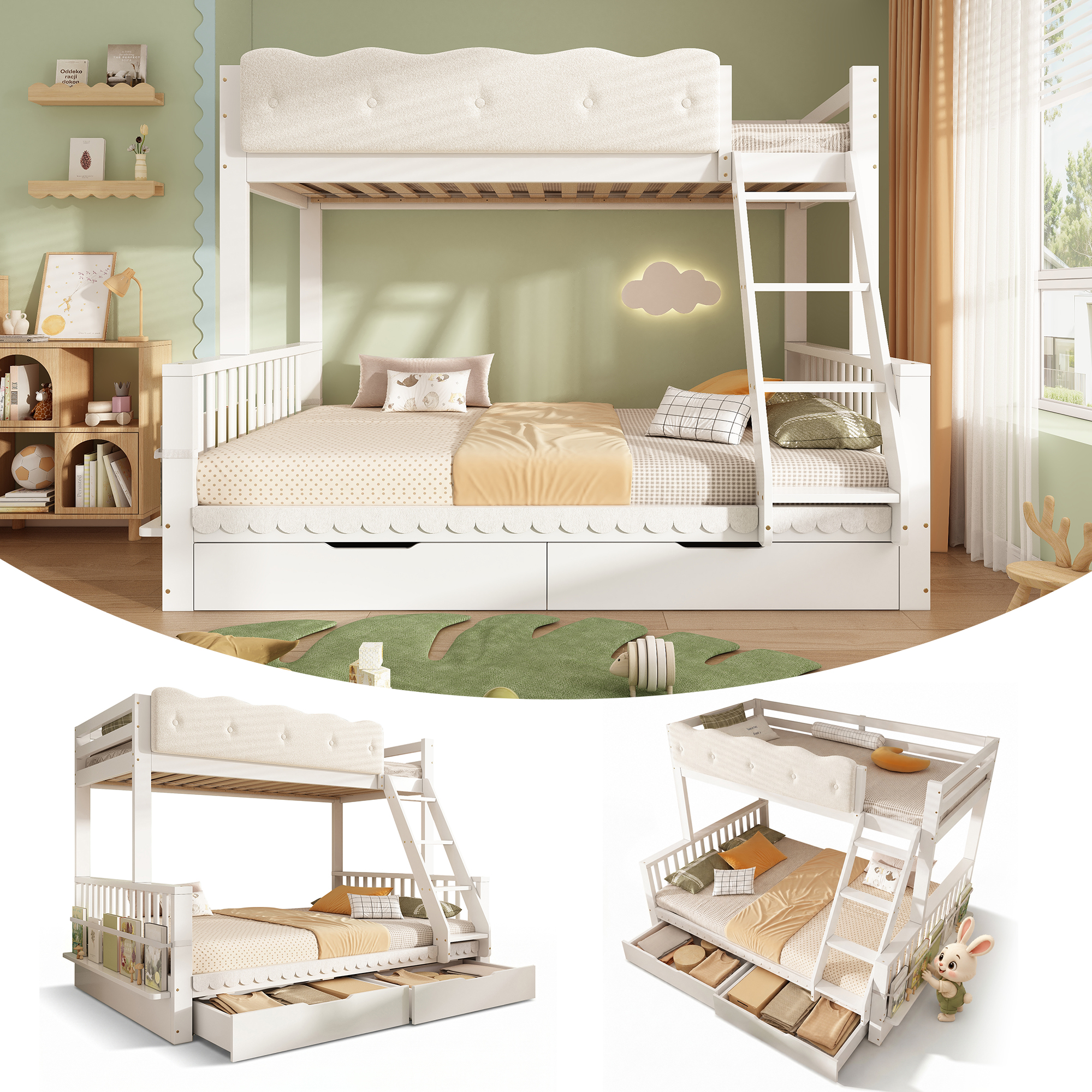Lit superposé blanc avec barrières décoratives en forme de pétales